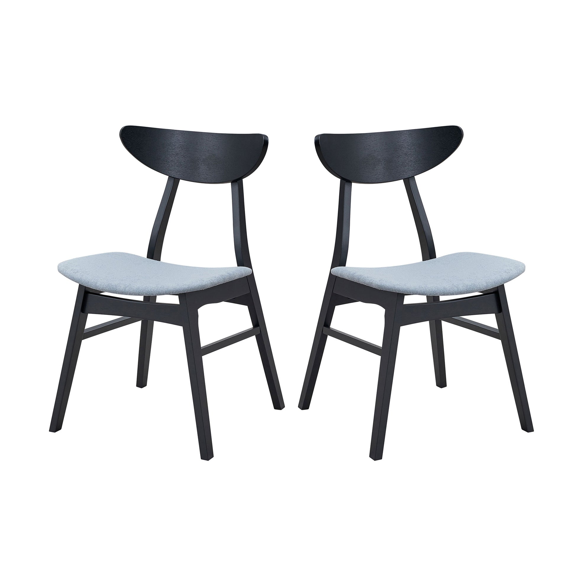 Two black wooden dining chairs with light grey upholstered seats and curved backs modern Scandinavian design