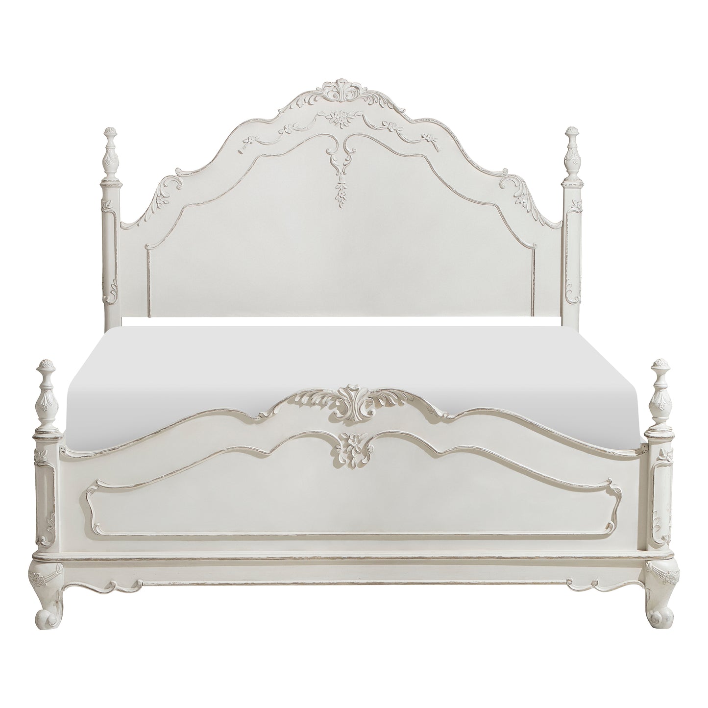 Antique white ornate carved bed frame with cabriole legs