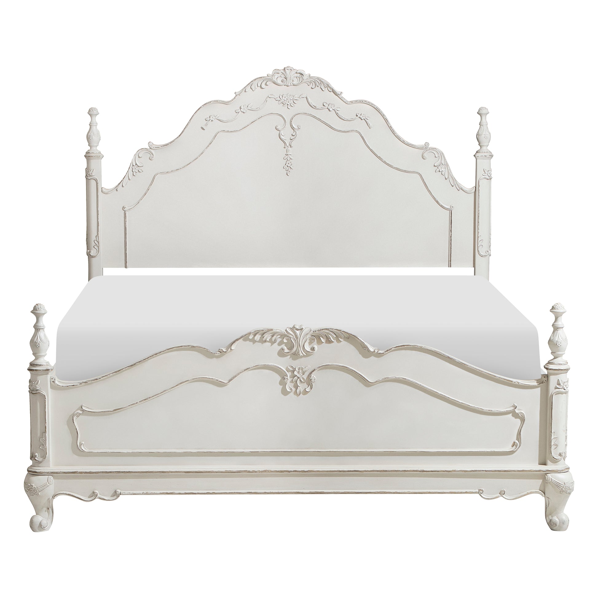 Antique white ornate carved bed frame with cabriole legs