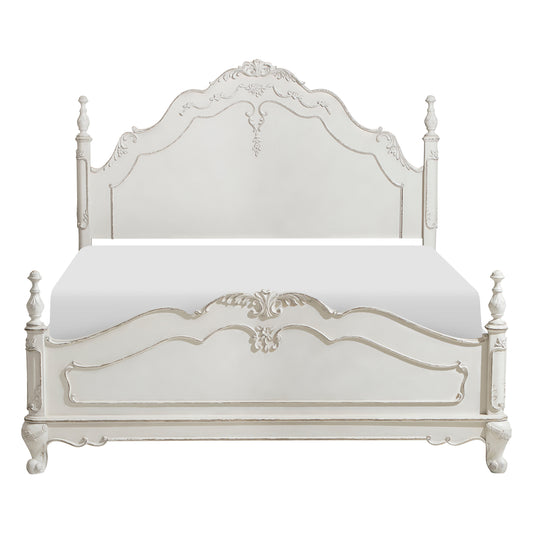 Antique white ornate carved bed frame with cabriole legs