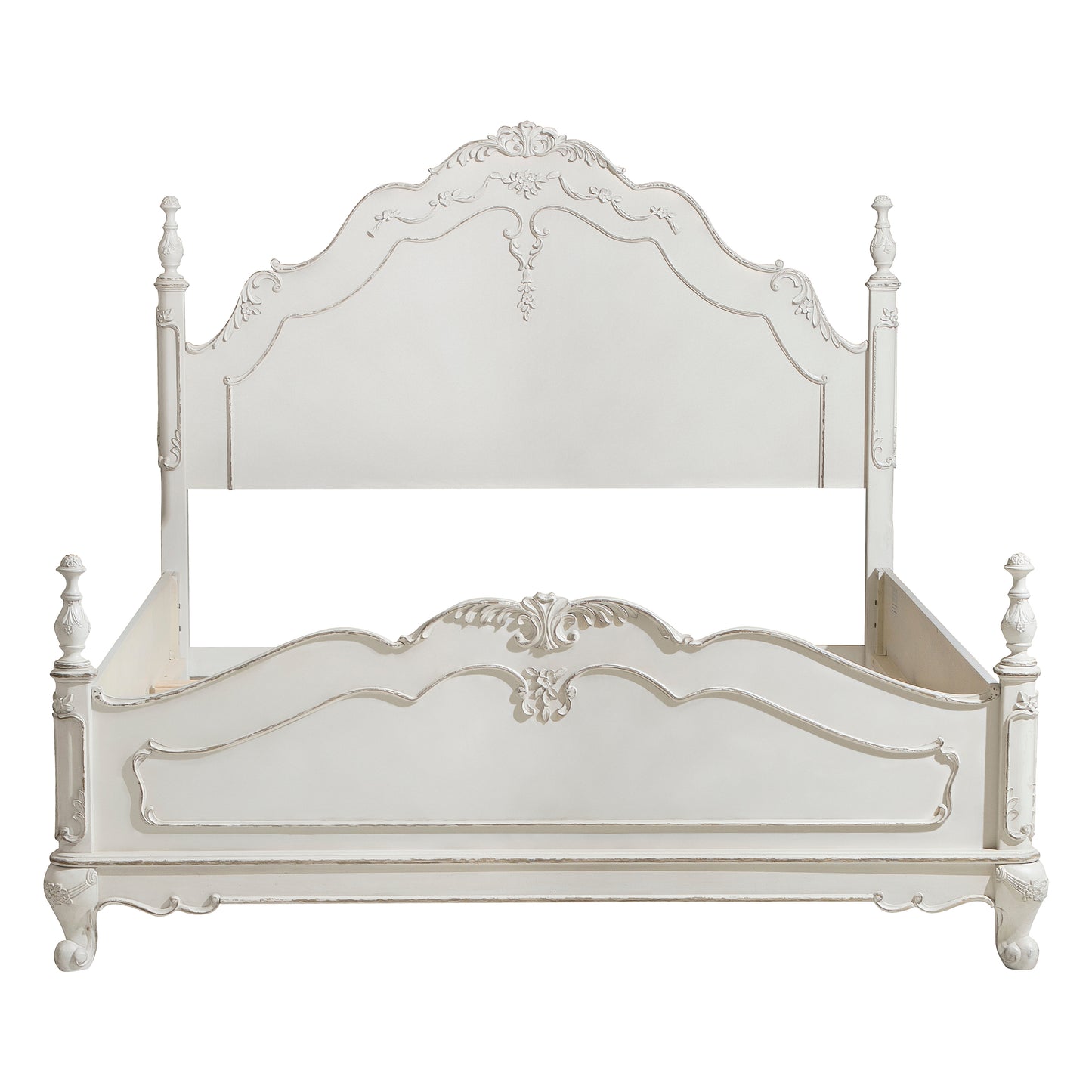 Antique white ornate carved wooden bed frame with distressed finish