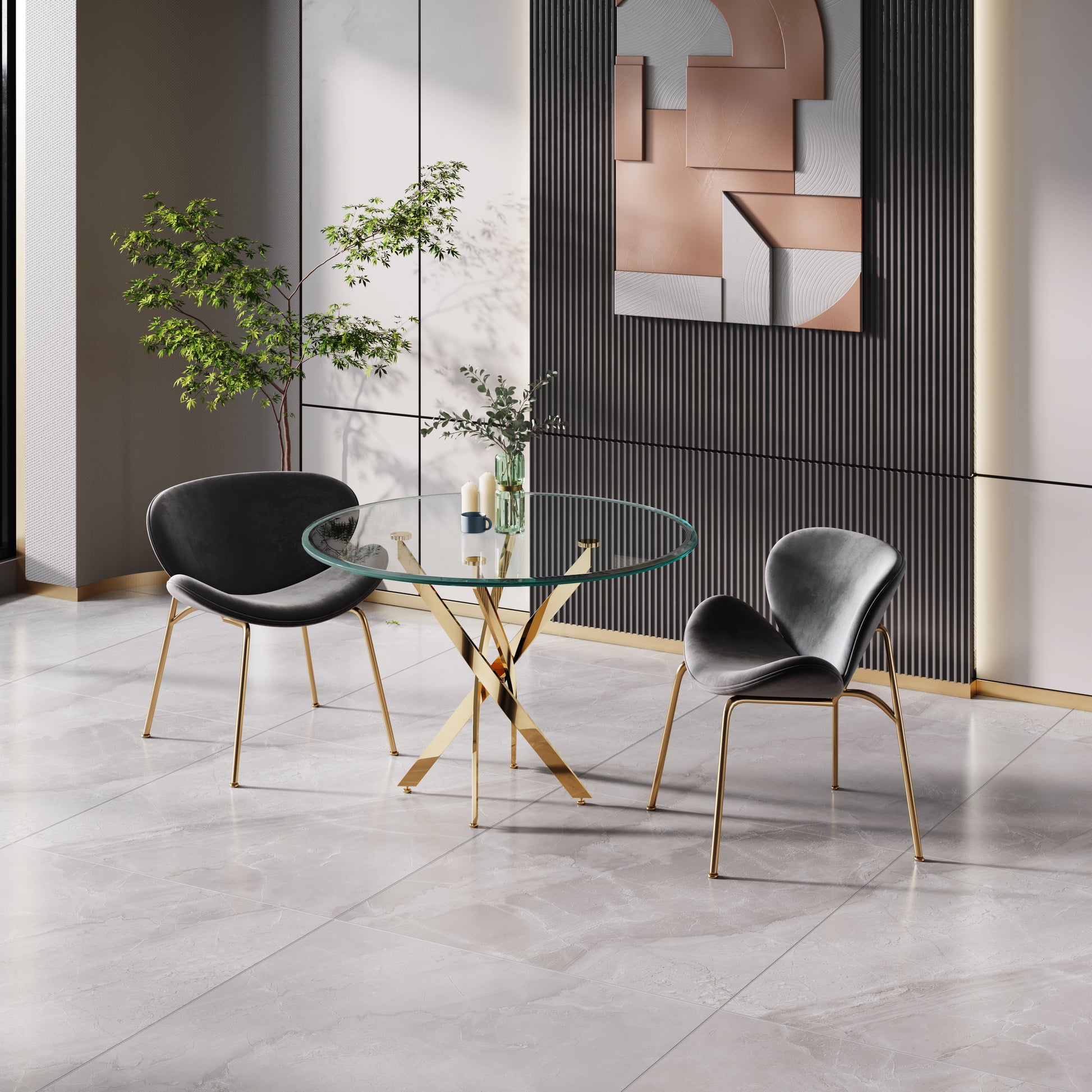 Round glass dining table with polished gold star base