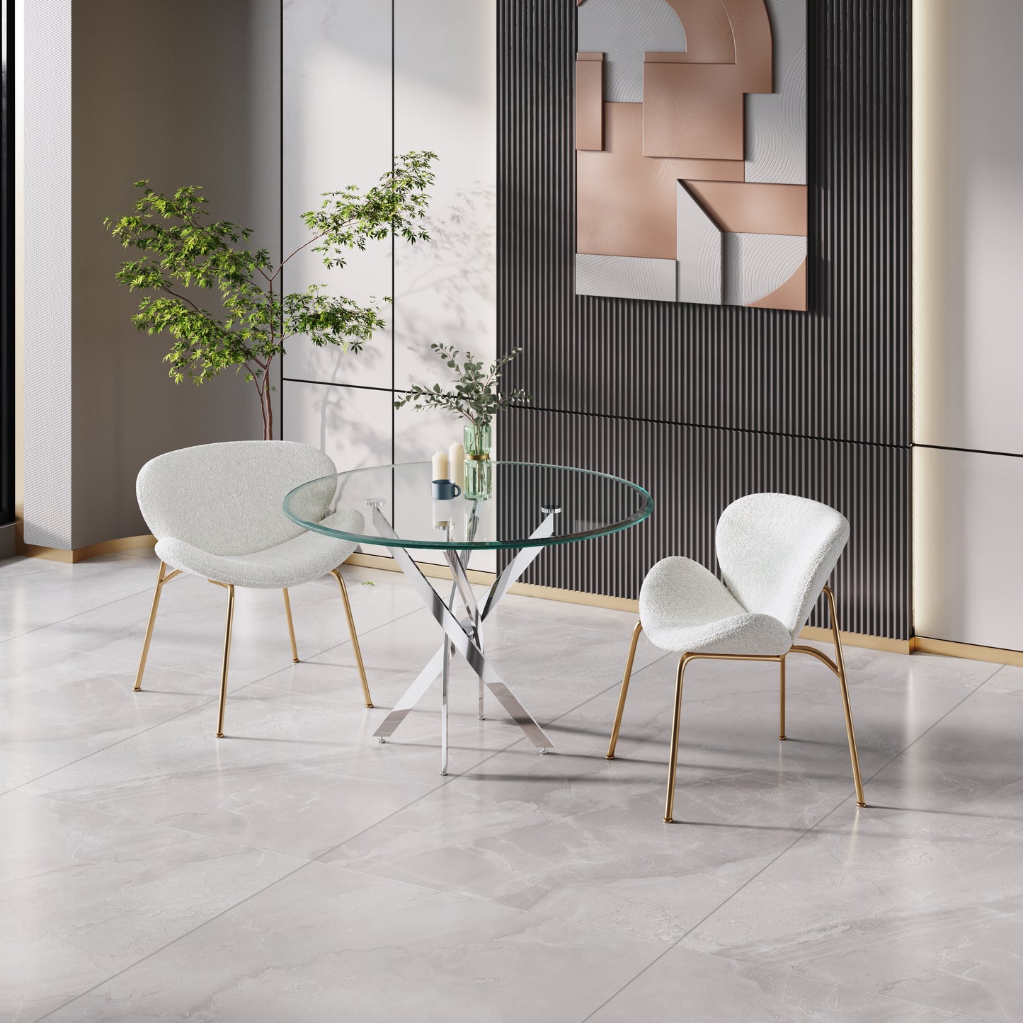White boucle accent chair with gold legs
