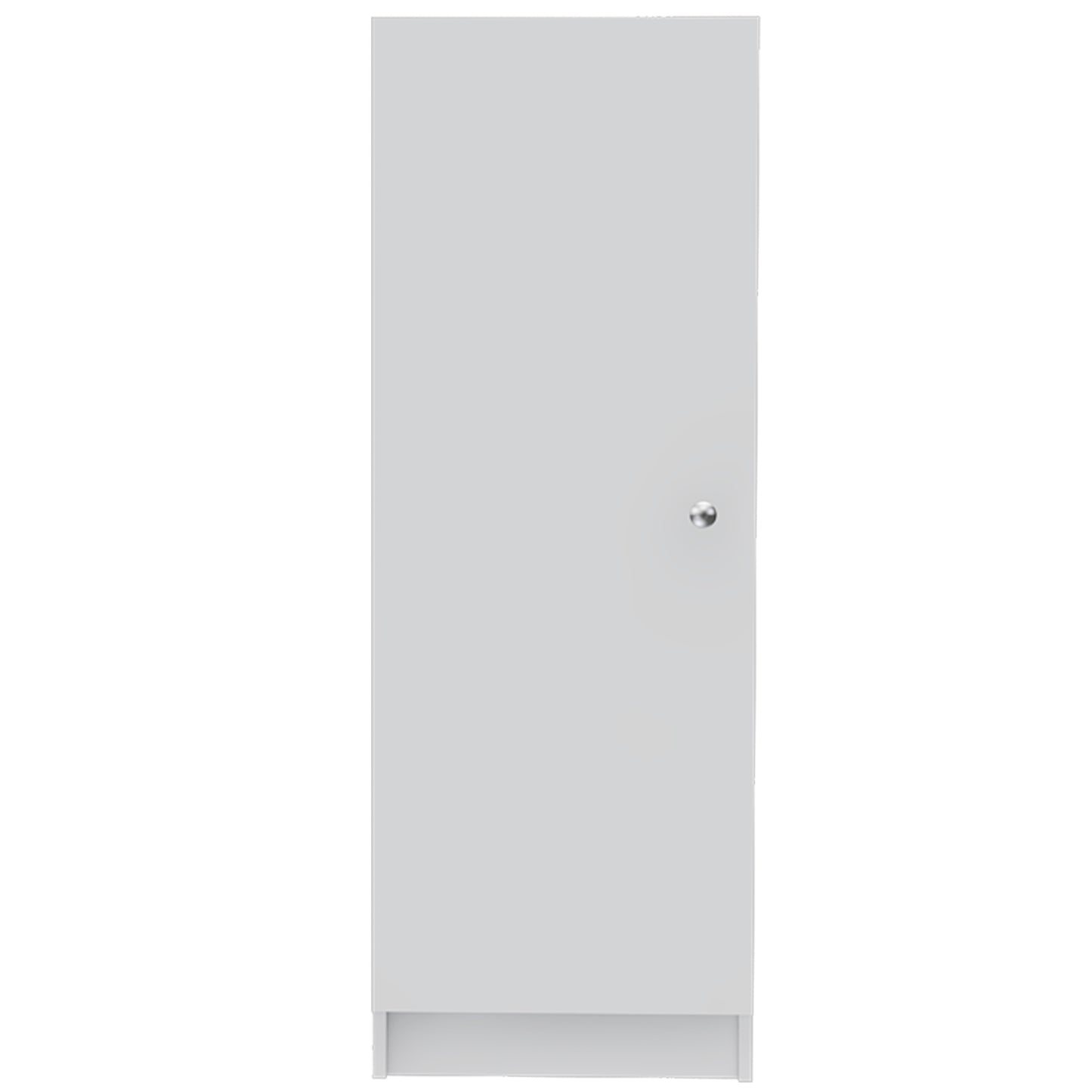 Sleek white cabinet with a minimalist design and a single silver knob perfect for modern home storage