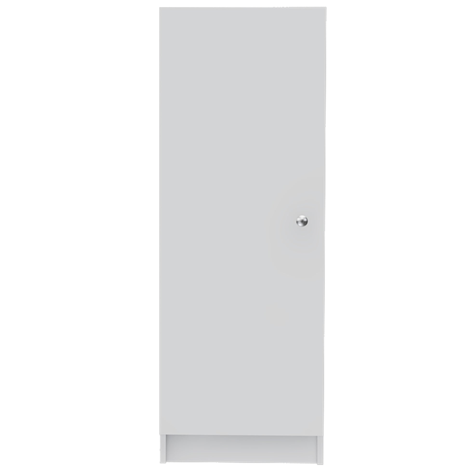 Sleek white cabinet with a minimalist design and a single silver knob perfect for modern home storage