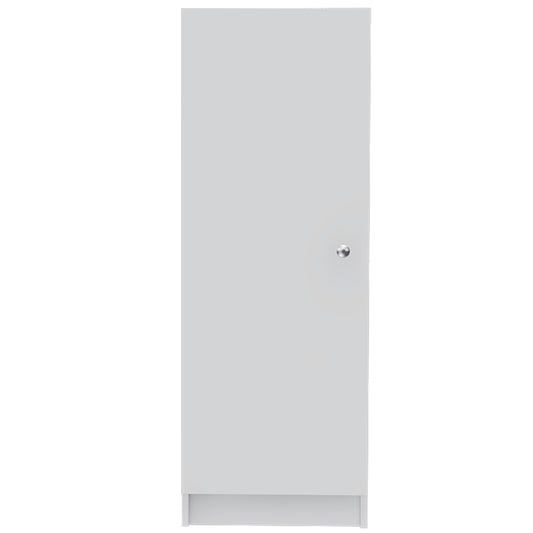 Sleek white cabinet with a minimalist design and a single silver knob perfect for modern home storage
