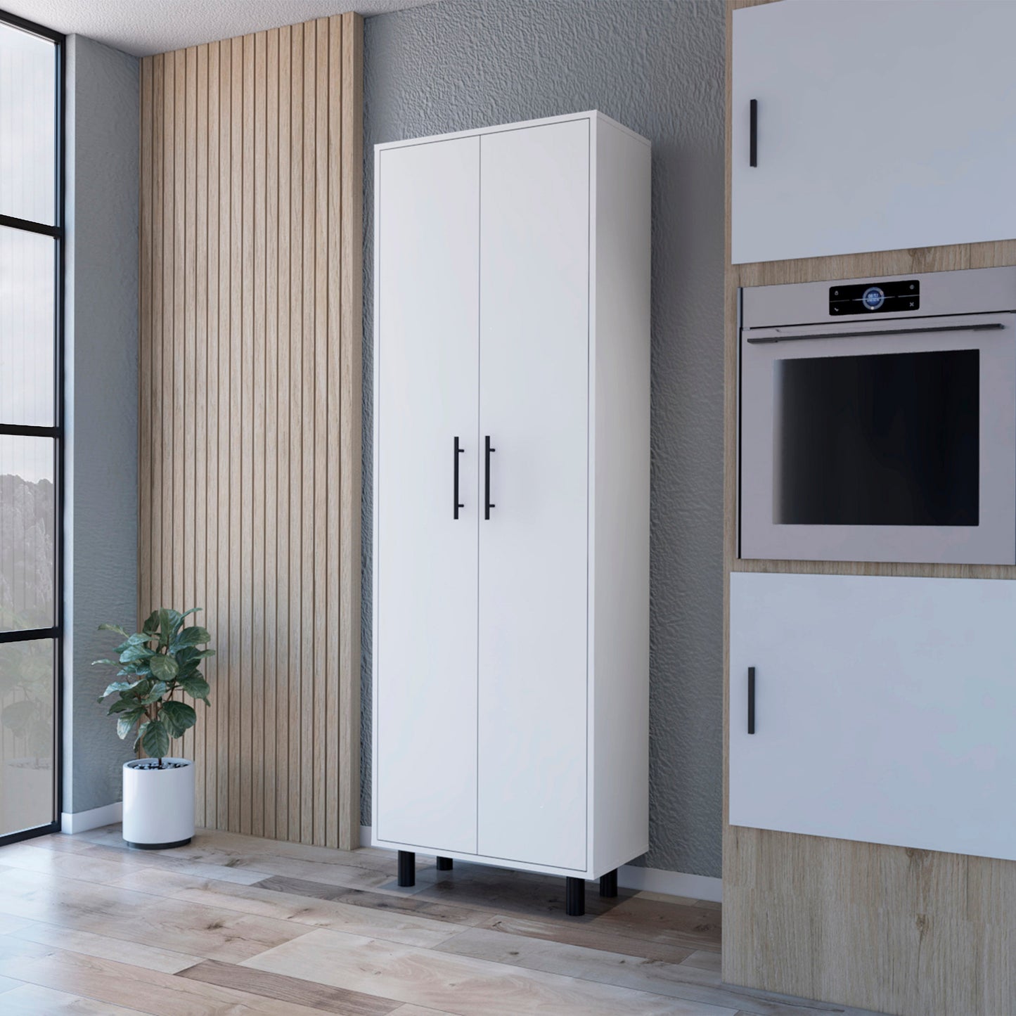Tall white pantry cabinet with two doors and black handles