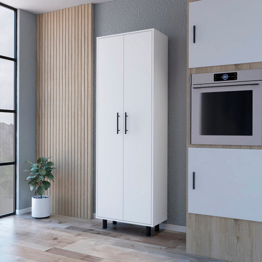 Tall white pantry cabinet with two doors and black handles