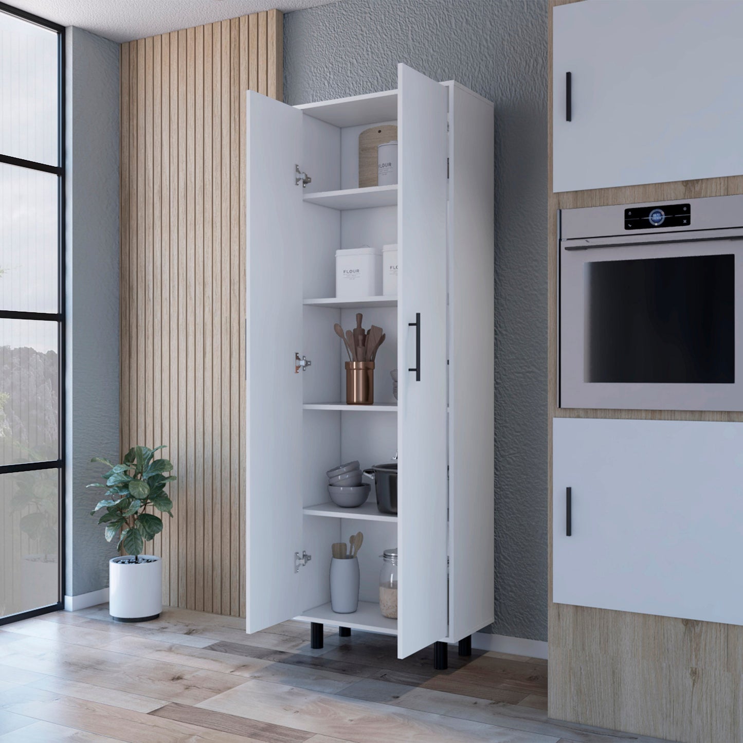 White tall kitchen cabinet with open doors displaying cookware and storage jars