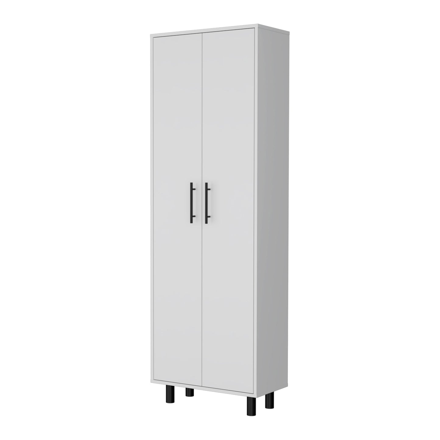 White tall storage cabinet with black handles and legs