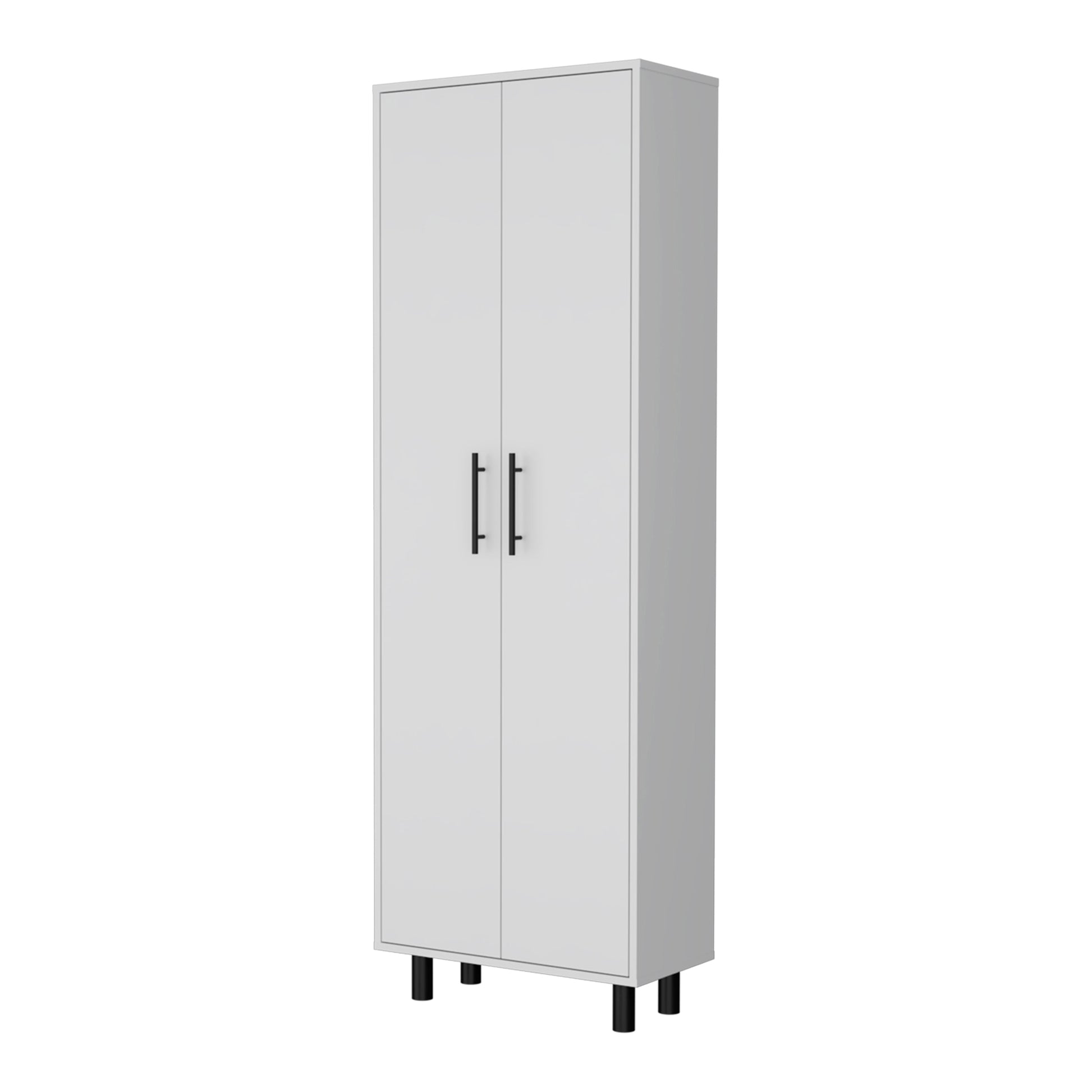White tall storage cabinet with black handles and legs