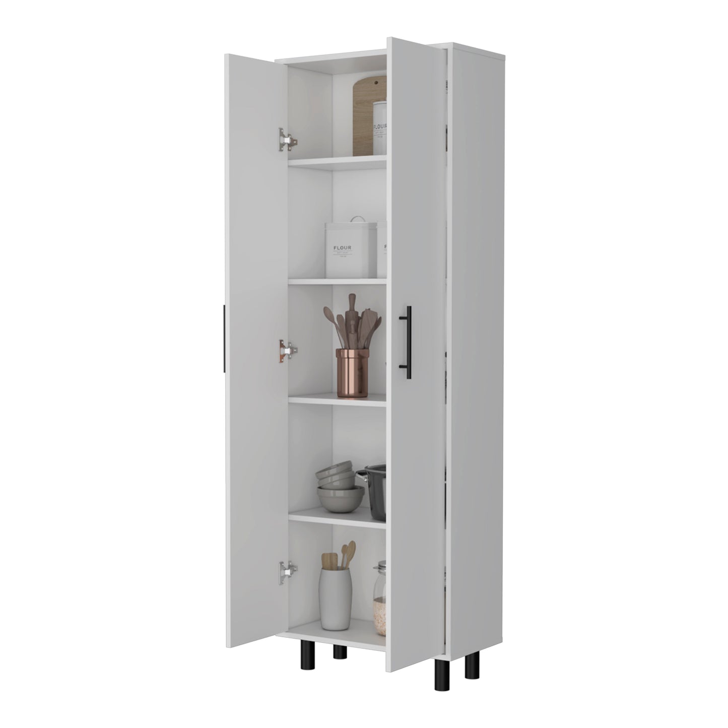 Tall white kitchen pantry cabinet with black handles and legs