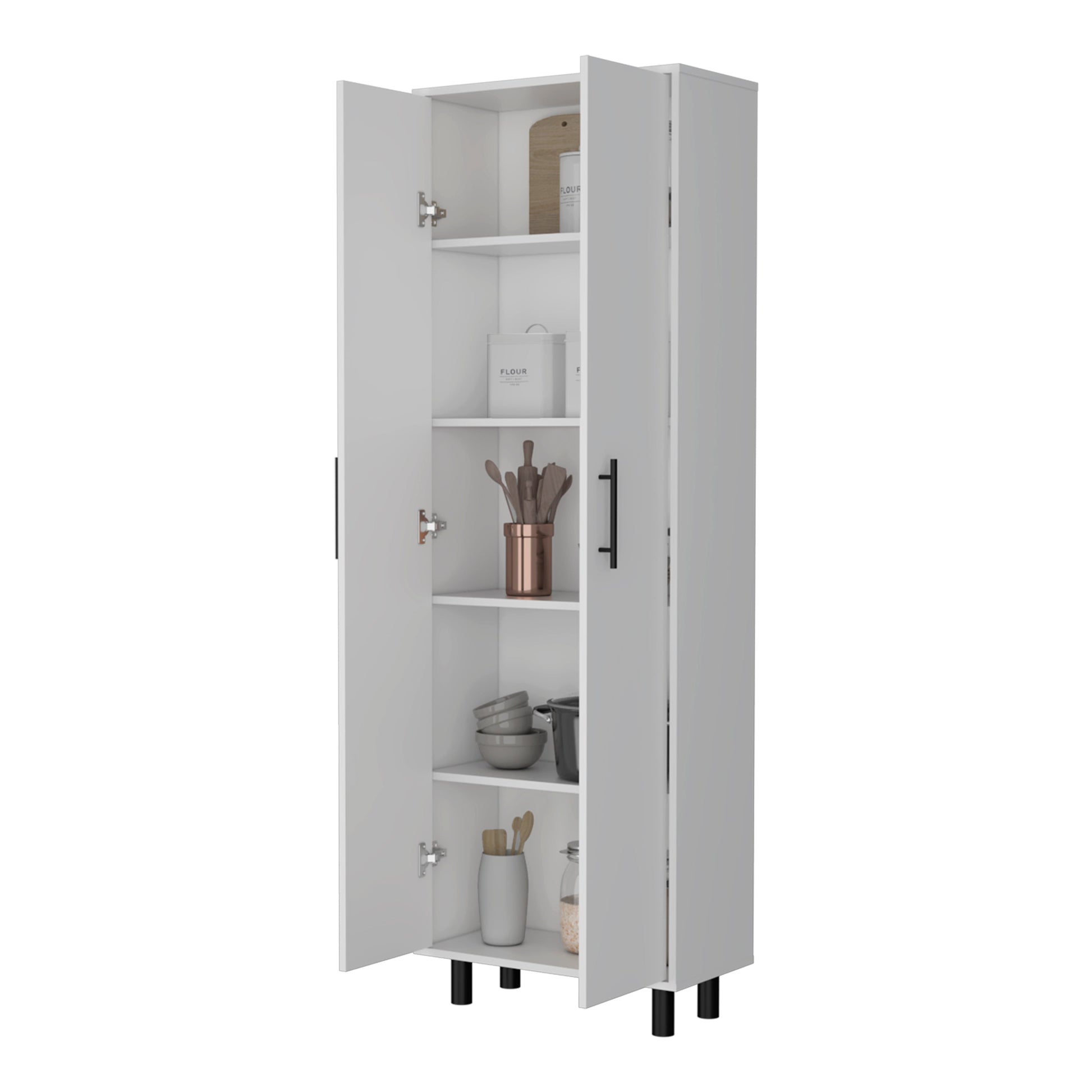 Tall white kitchen pantry cabinet with black handles and legs