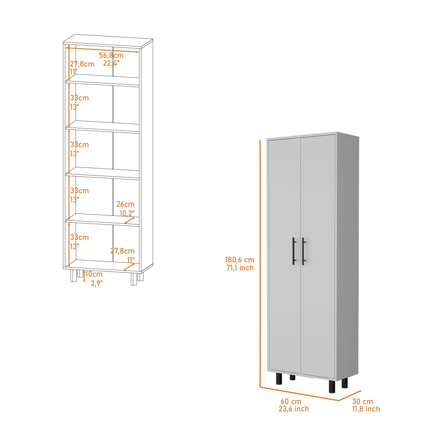 Tall gray storage cabinet with two doors and black handles