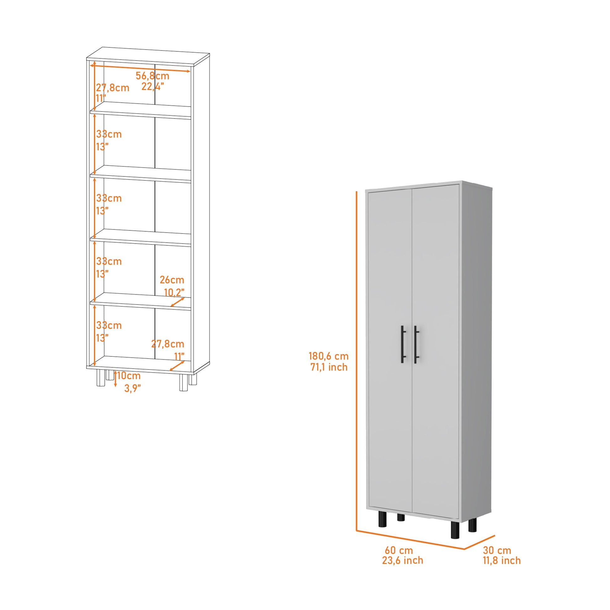 Tall gray storage cabinet with two doors and black handles