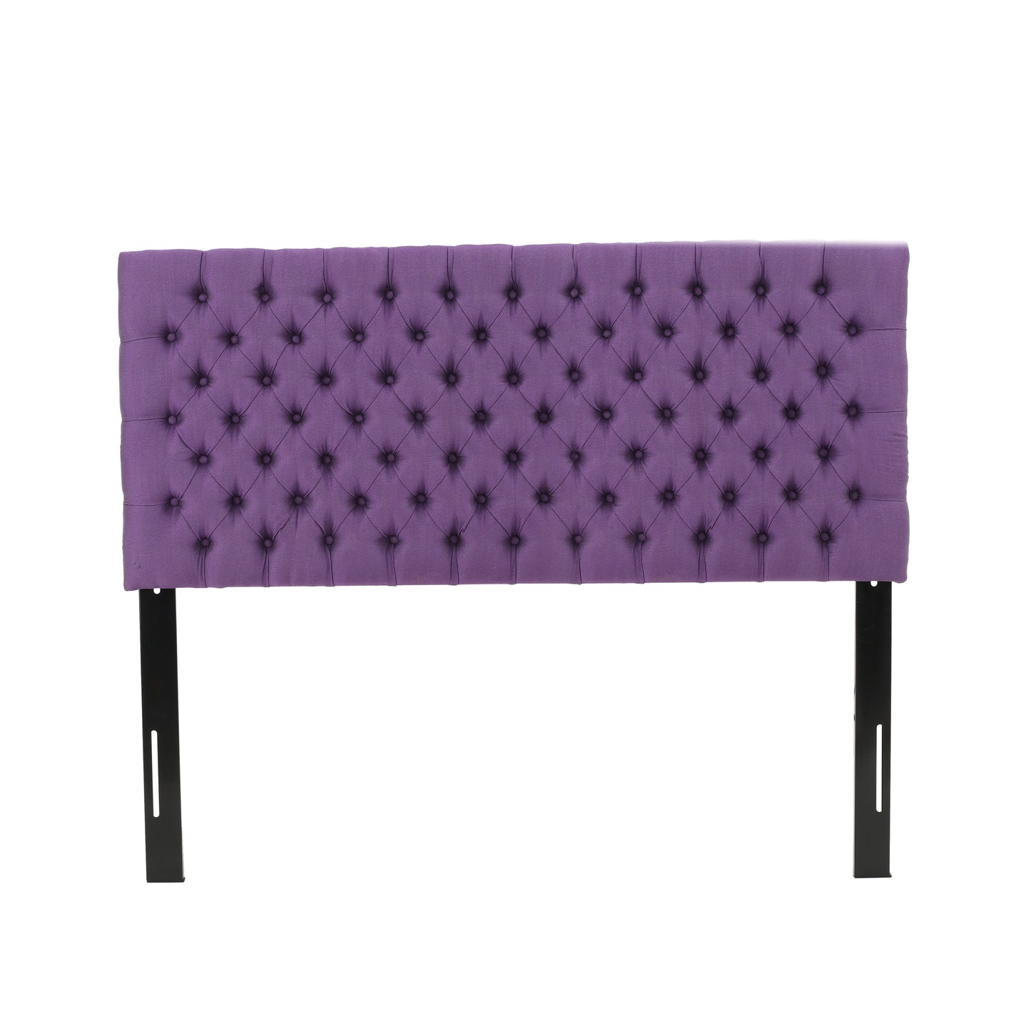Purple tufted upholstered headboard with diamond stitching and black metal legs