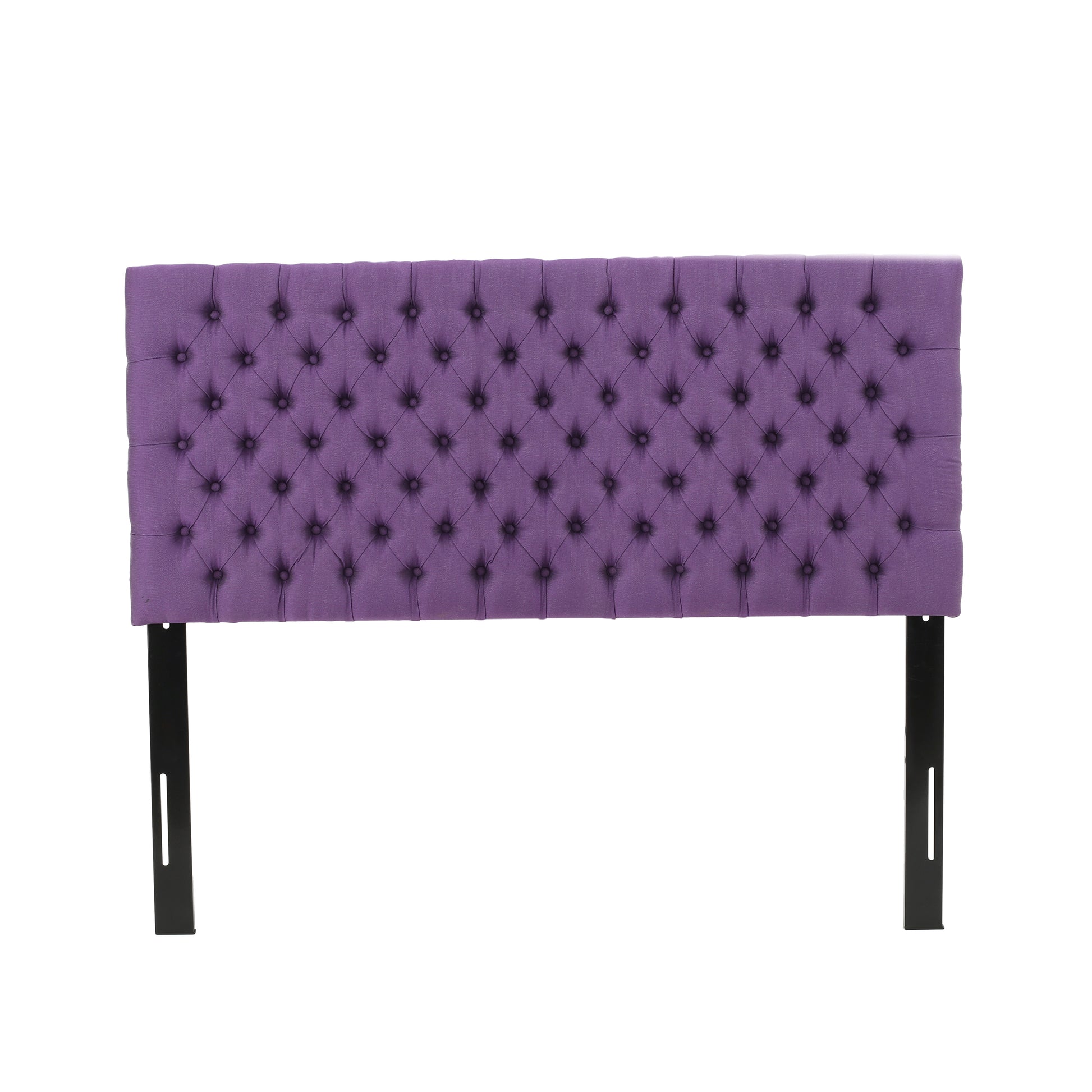 Purple tufted upholstered headboard with diamond stitching and black metal legs