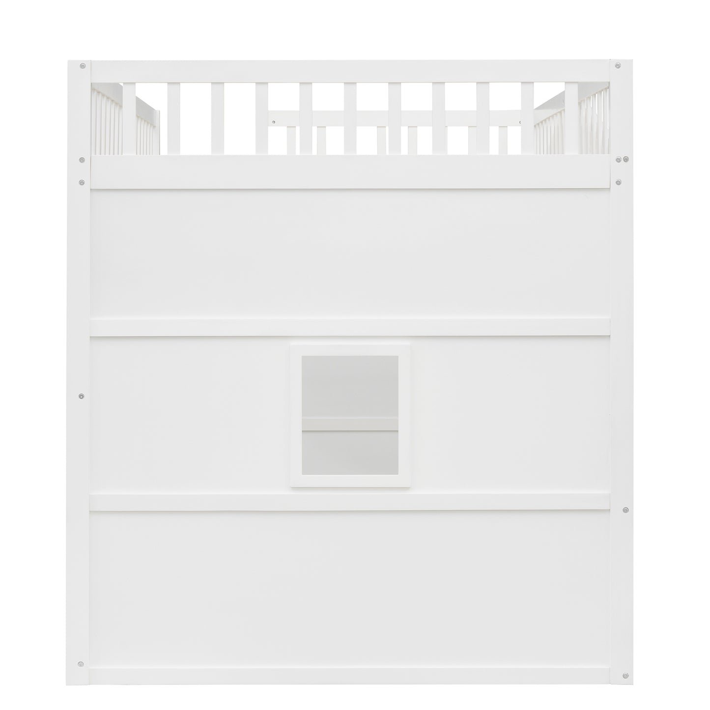 White wooden toddler bed with guardrails and an open window cutout
