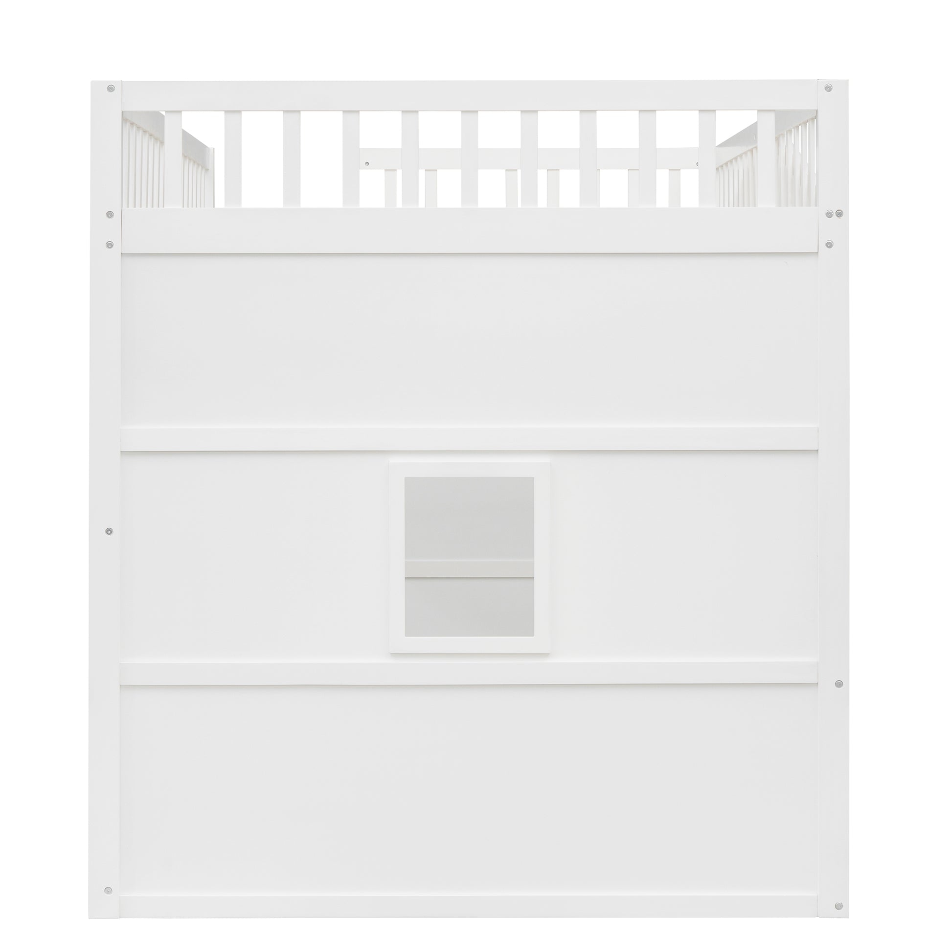 White wooden toddler bed with guardrails and an open window cutout