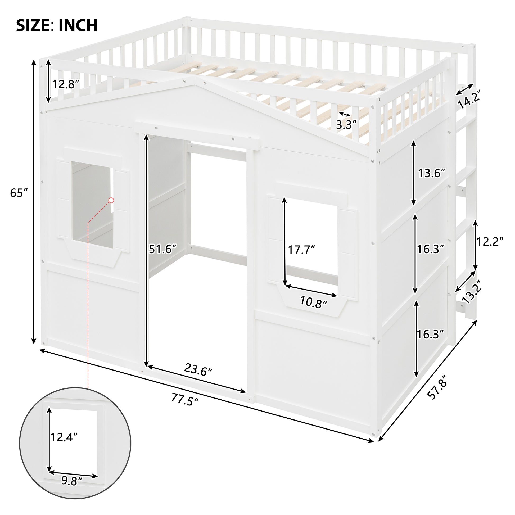 White wooden house loft bed with ladder and railing