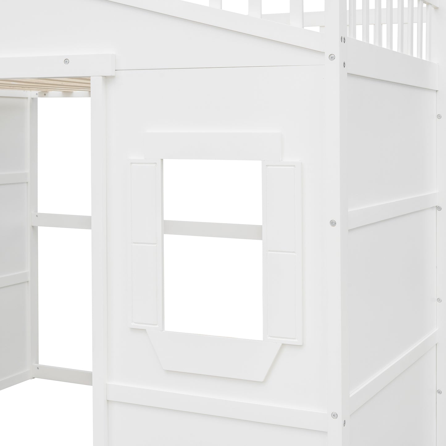 White wooden loft bed with playhouse window detail