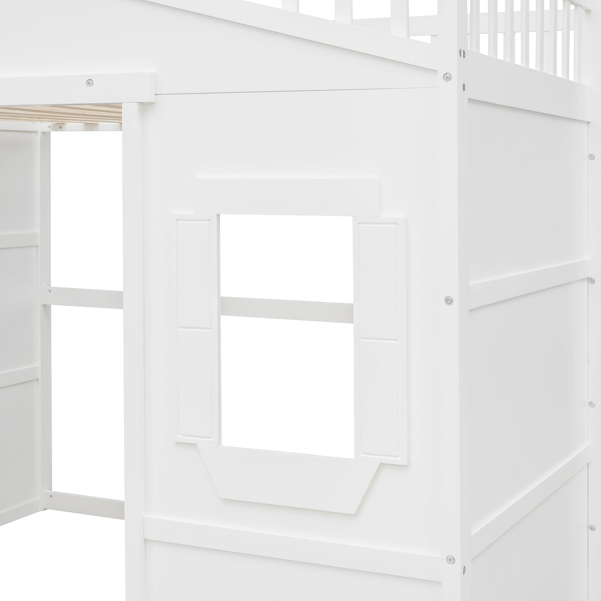 White wooden loft bed with playhouse window detail