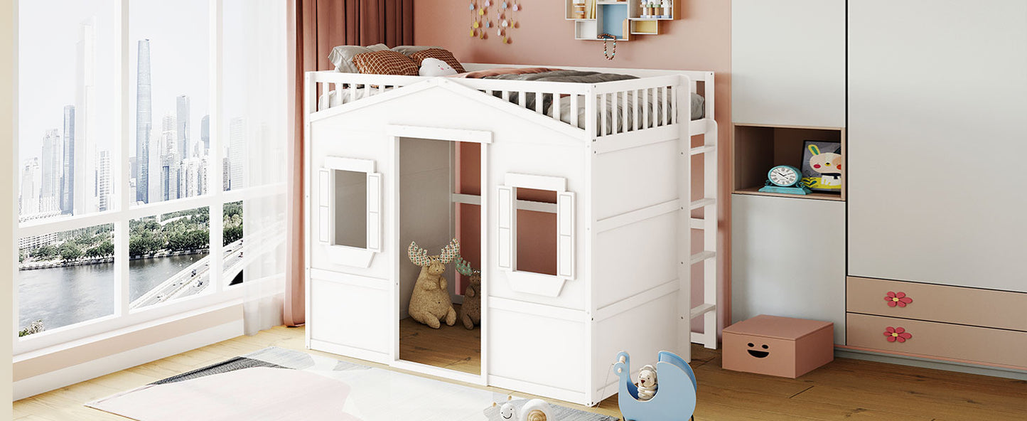 White wooden loft bed with a playhouse design for kids