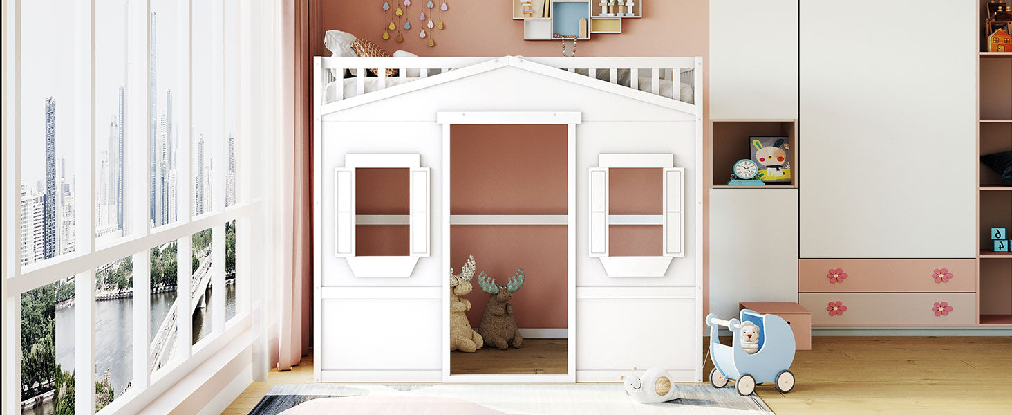 White wooden playhouse loft bed with windows and a slide