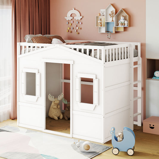 White wooden house loft bed with playful windows