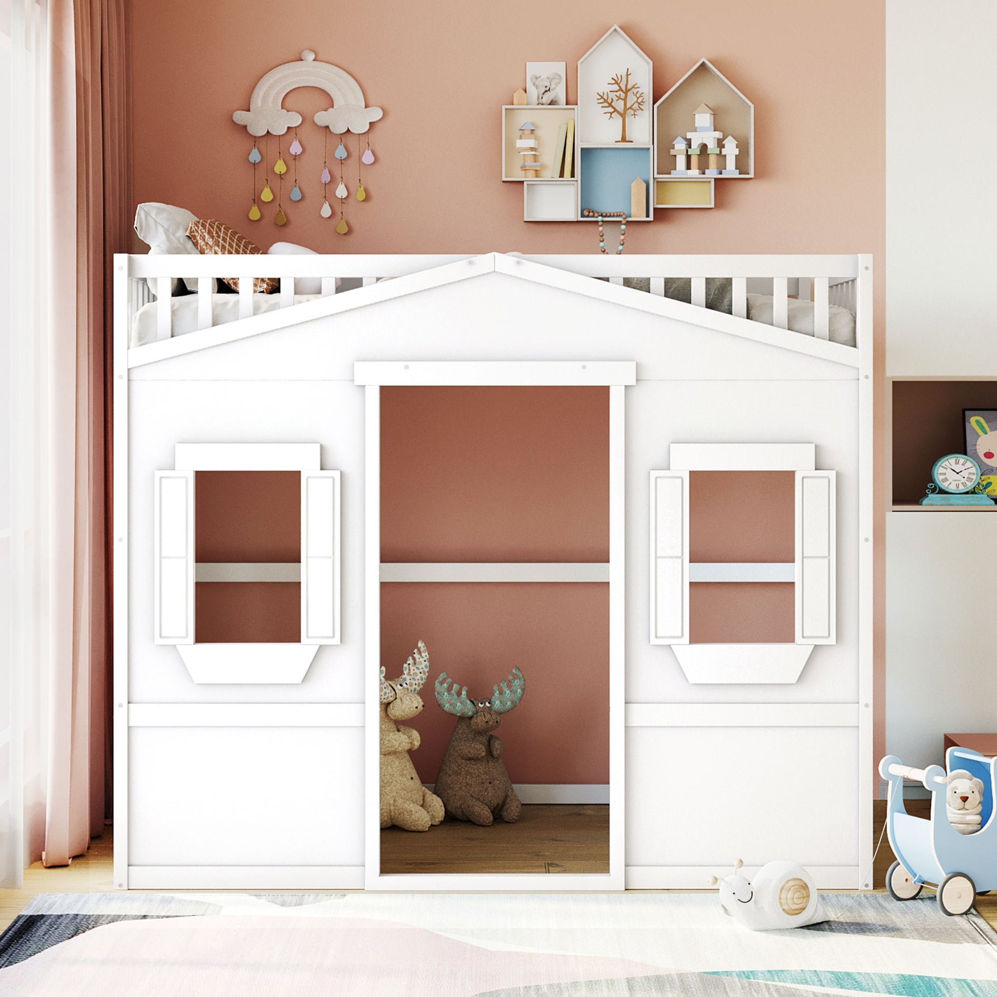 White wooden house bed frame with window shutters and playhouse design for children