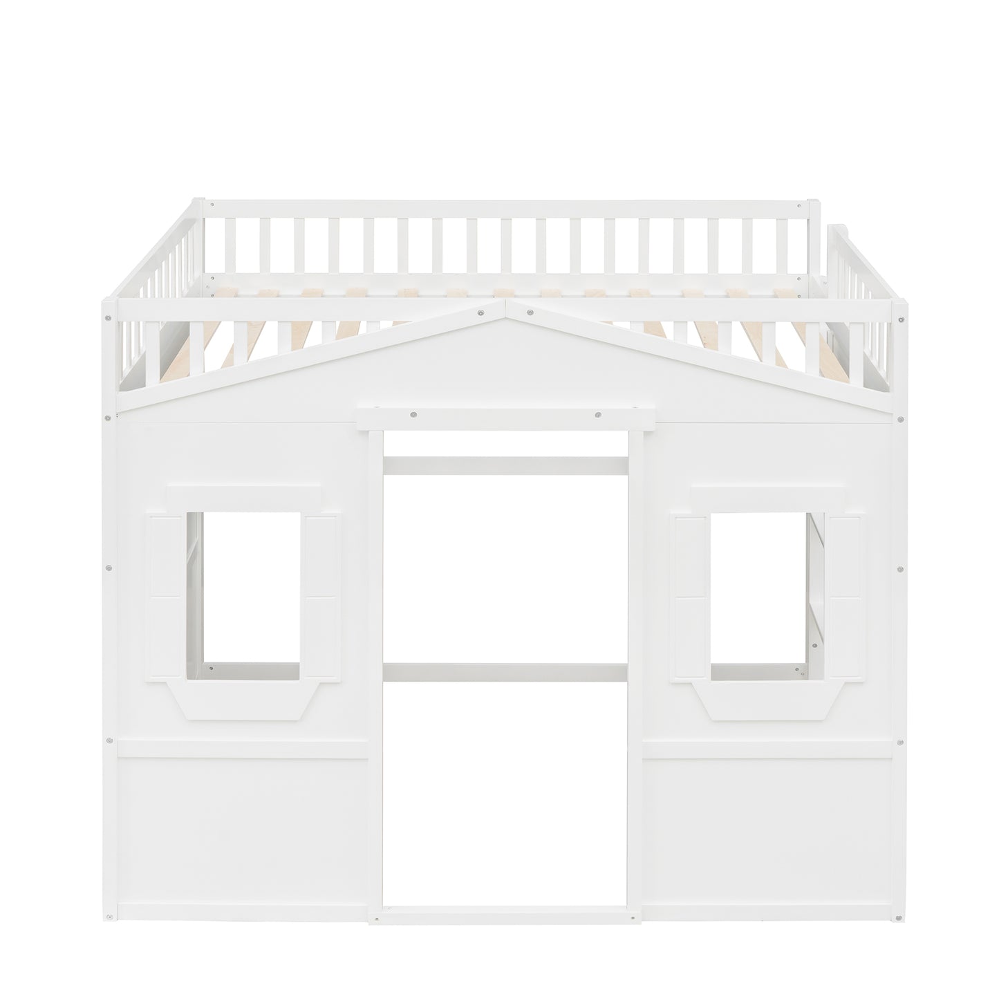 White wooden loft bed with playful house design and railing