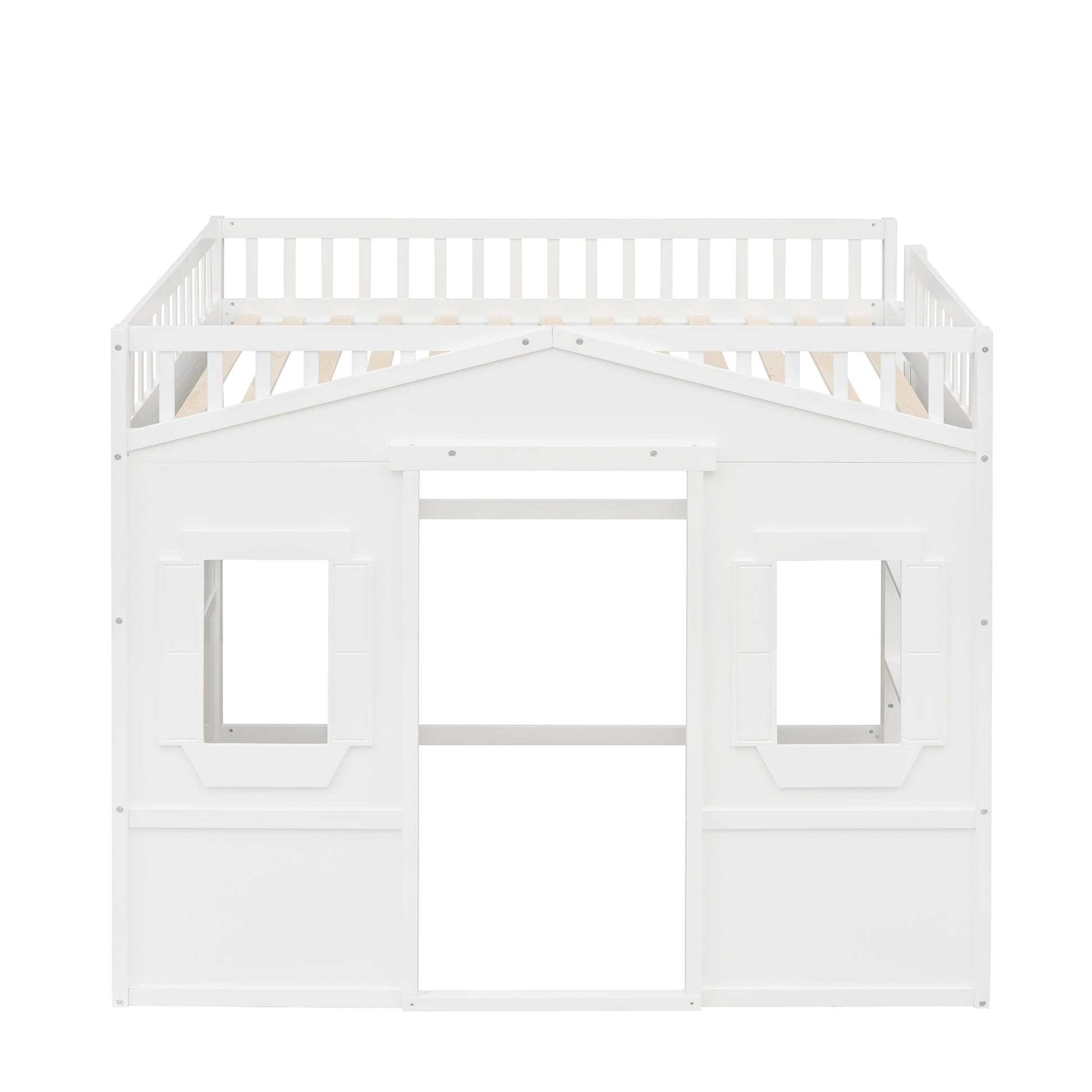 White wooden loft bed with playful house design and railing