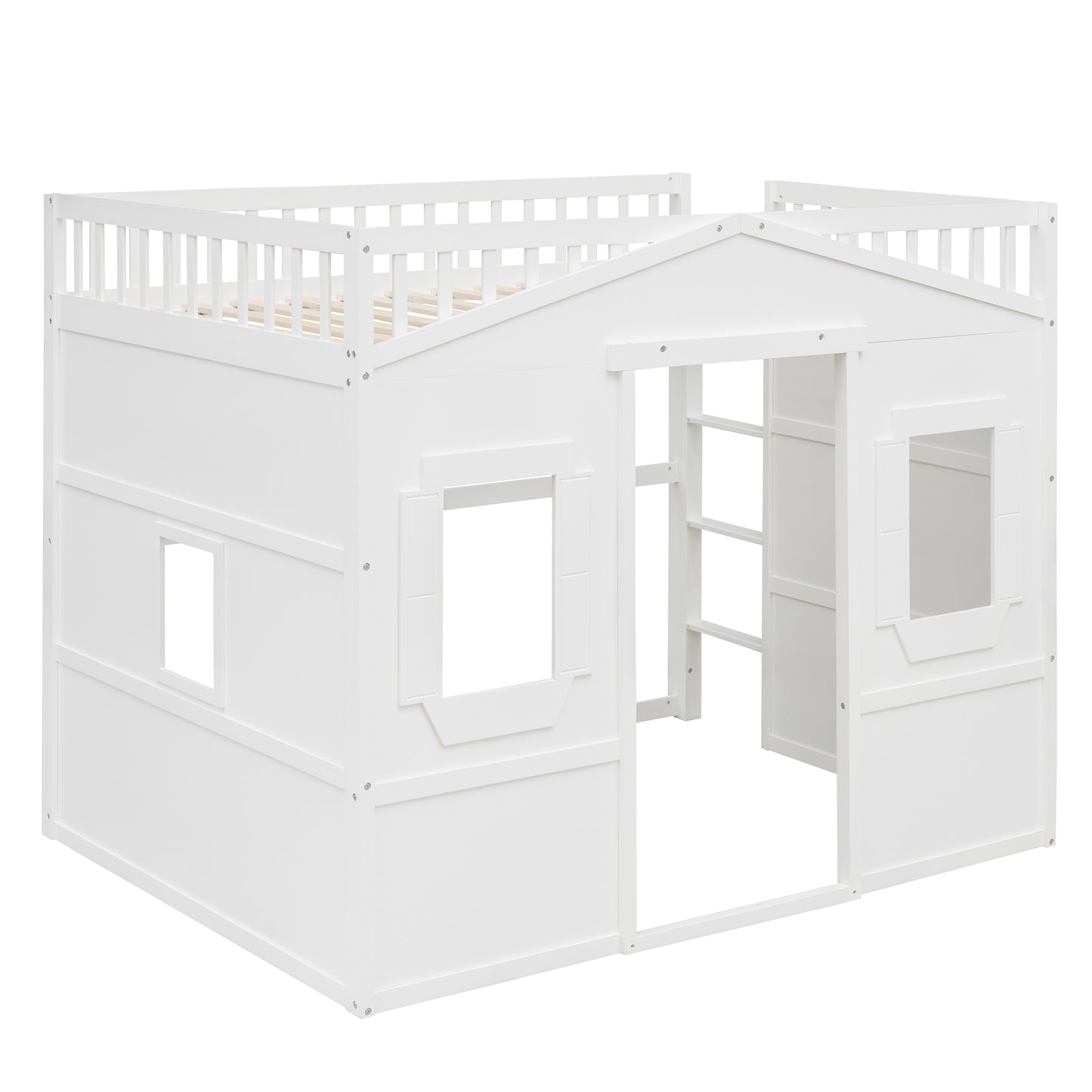 White wooden playhouse loft bed with railings and ladder