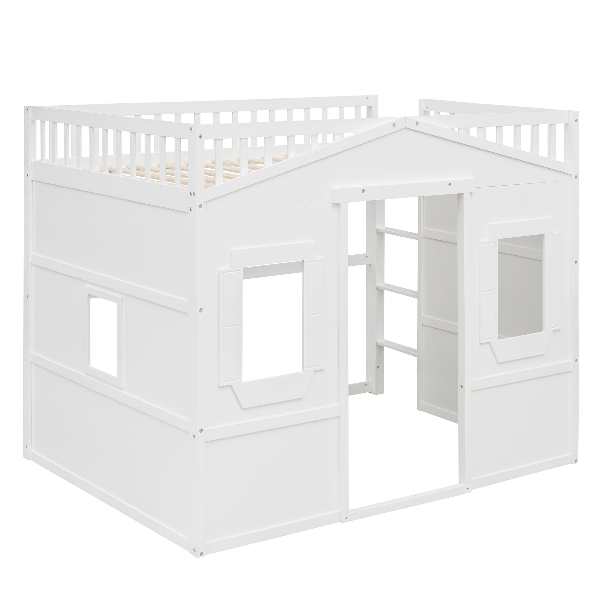 White wooden playhouse loft bed with railings and ladder