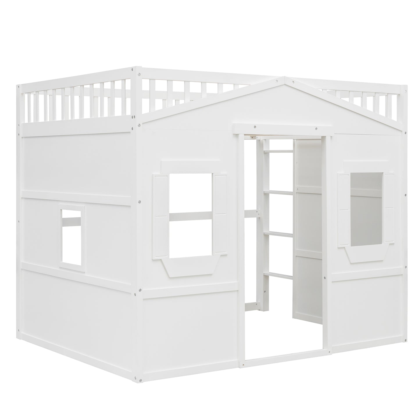 White wooden playhouse loft bed with ladder and railings