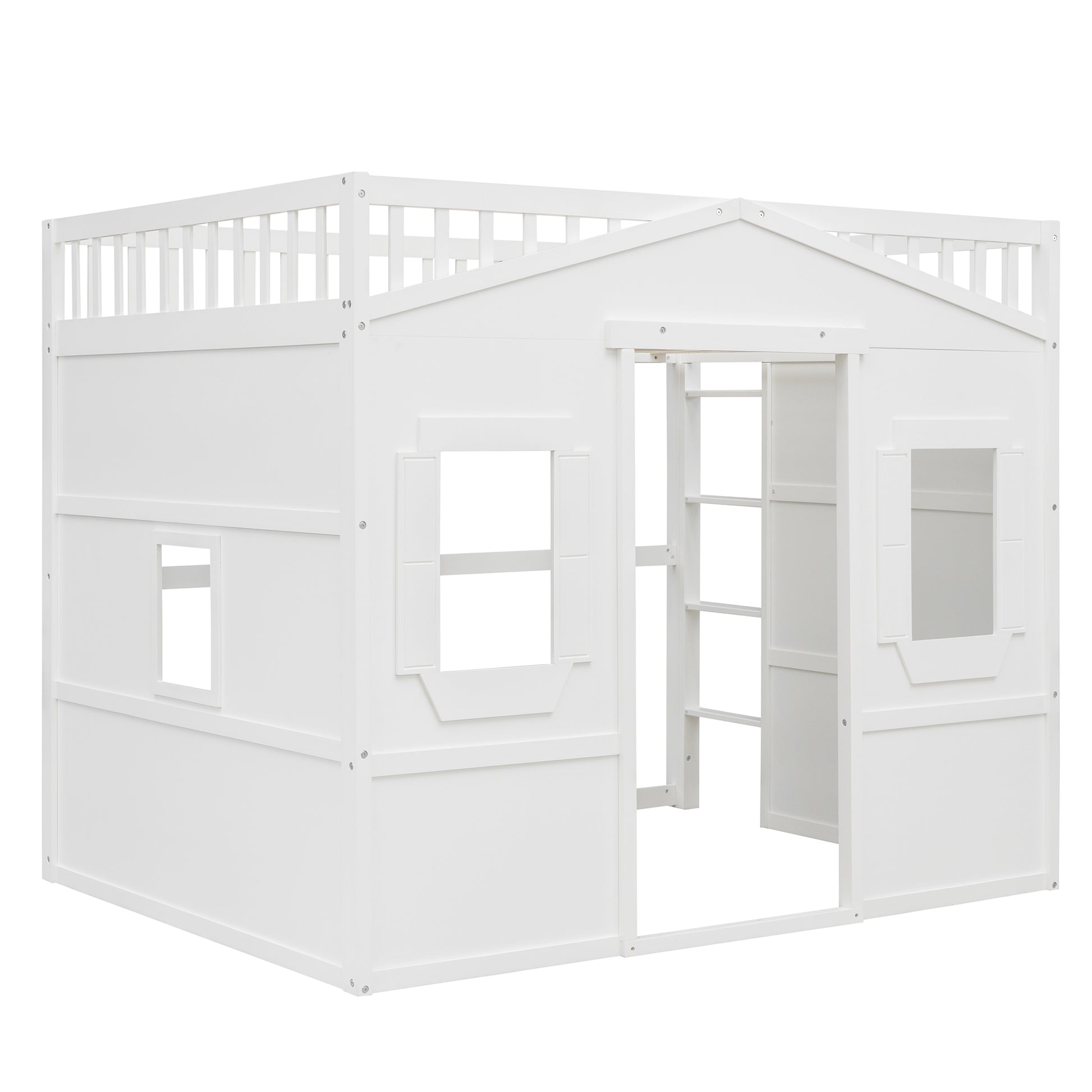 White wooden playhouse loft bed with ladder and railings