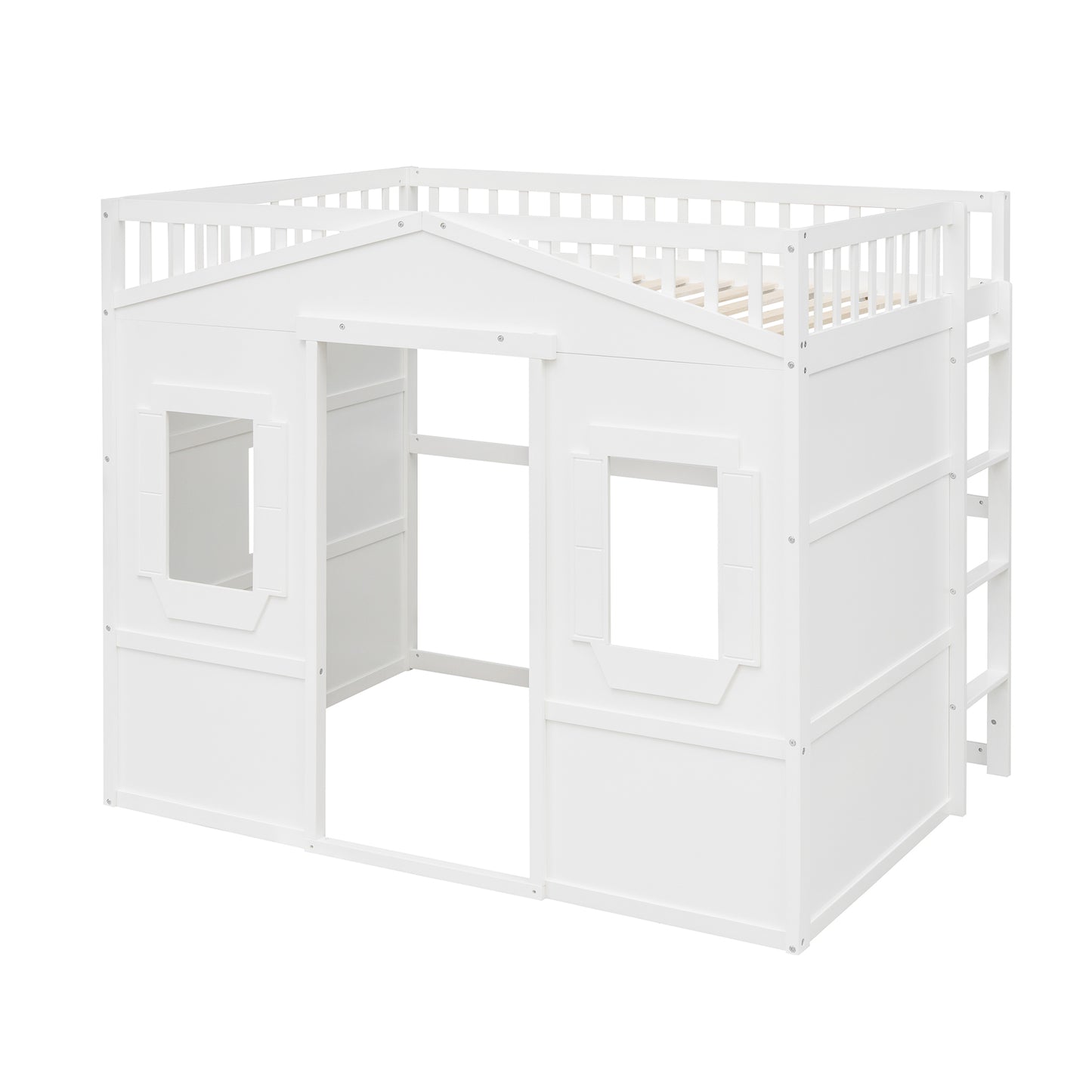 White wooden loft bed with houselike design and ladder