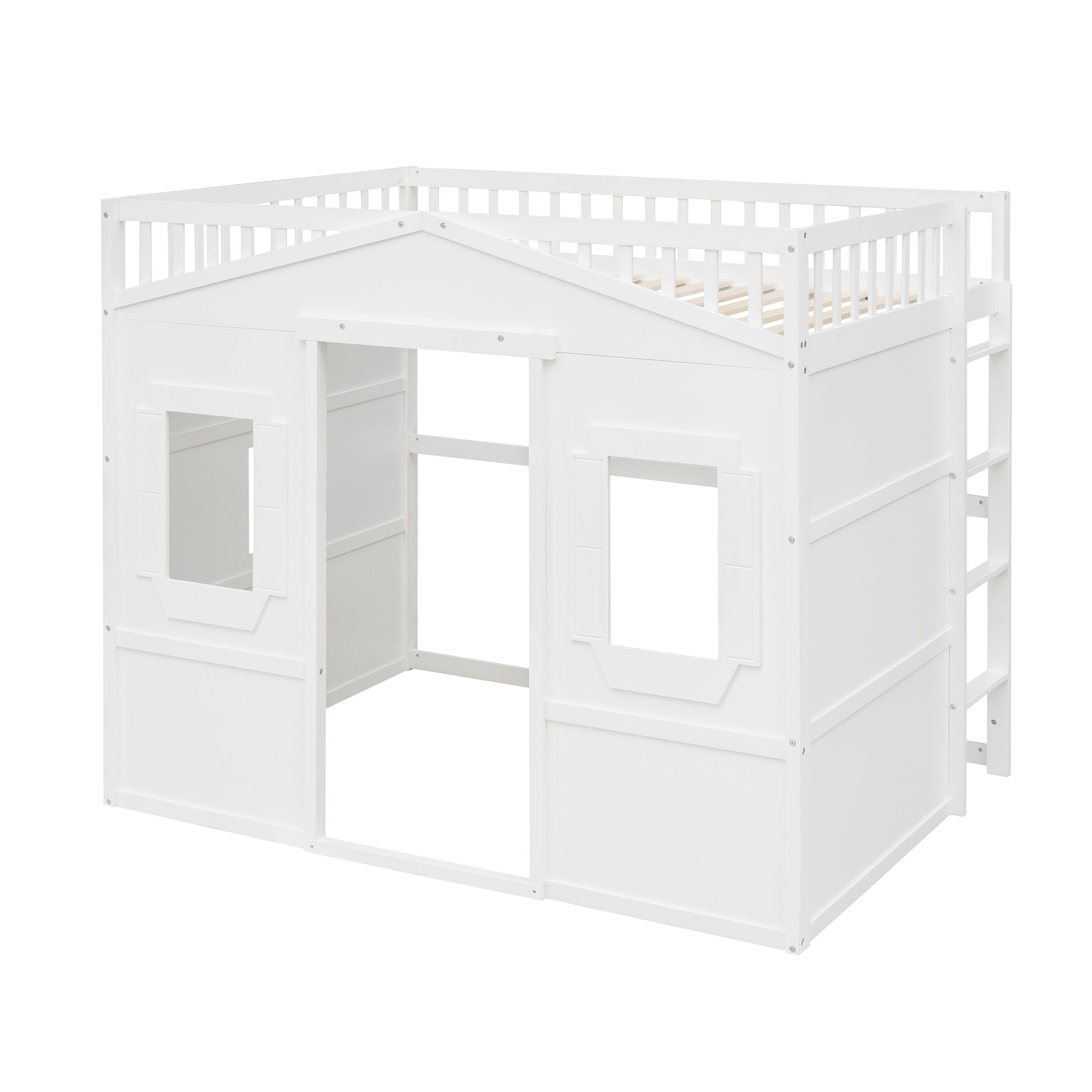 White wooden loft bed with houselike design and ladder