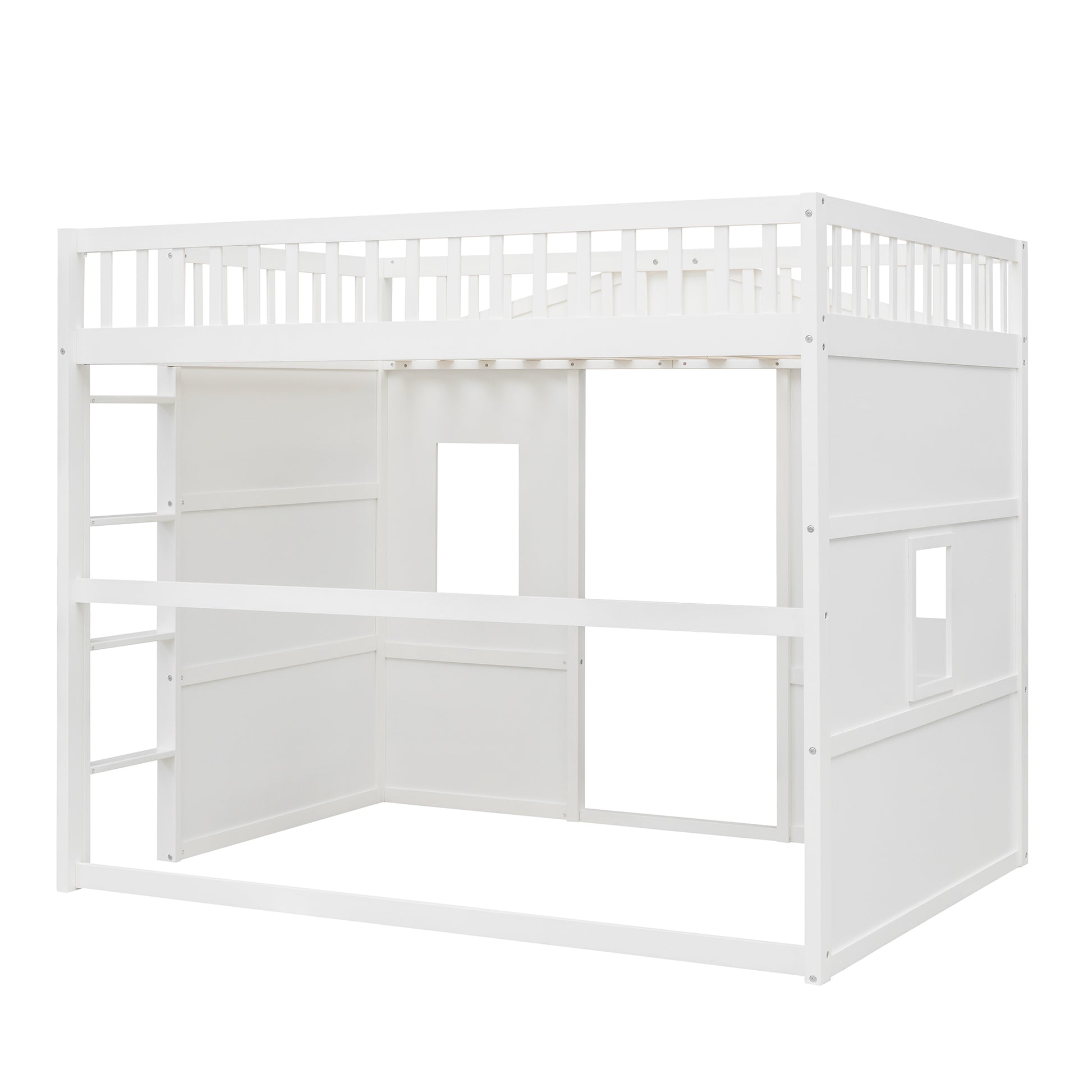 White wooden loft bed frame with ladder and windows