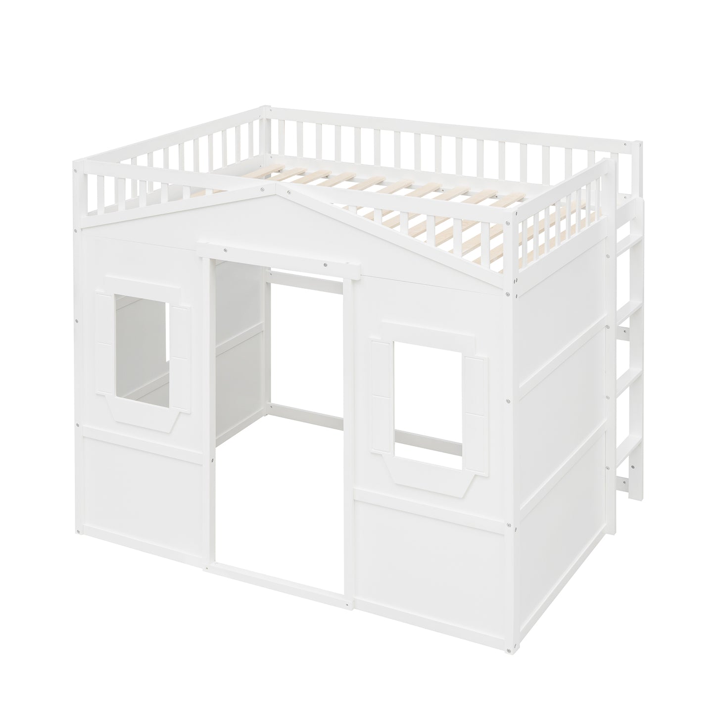 White wooden loft bed with playful houselike design and ladder