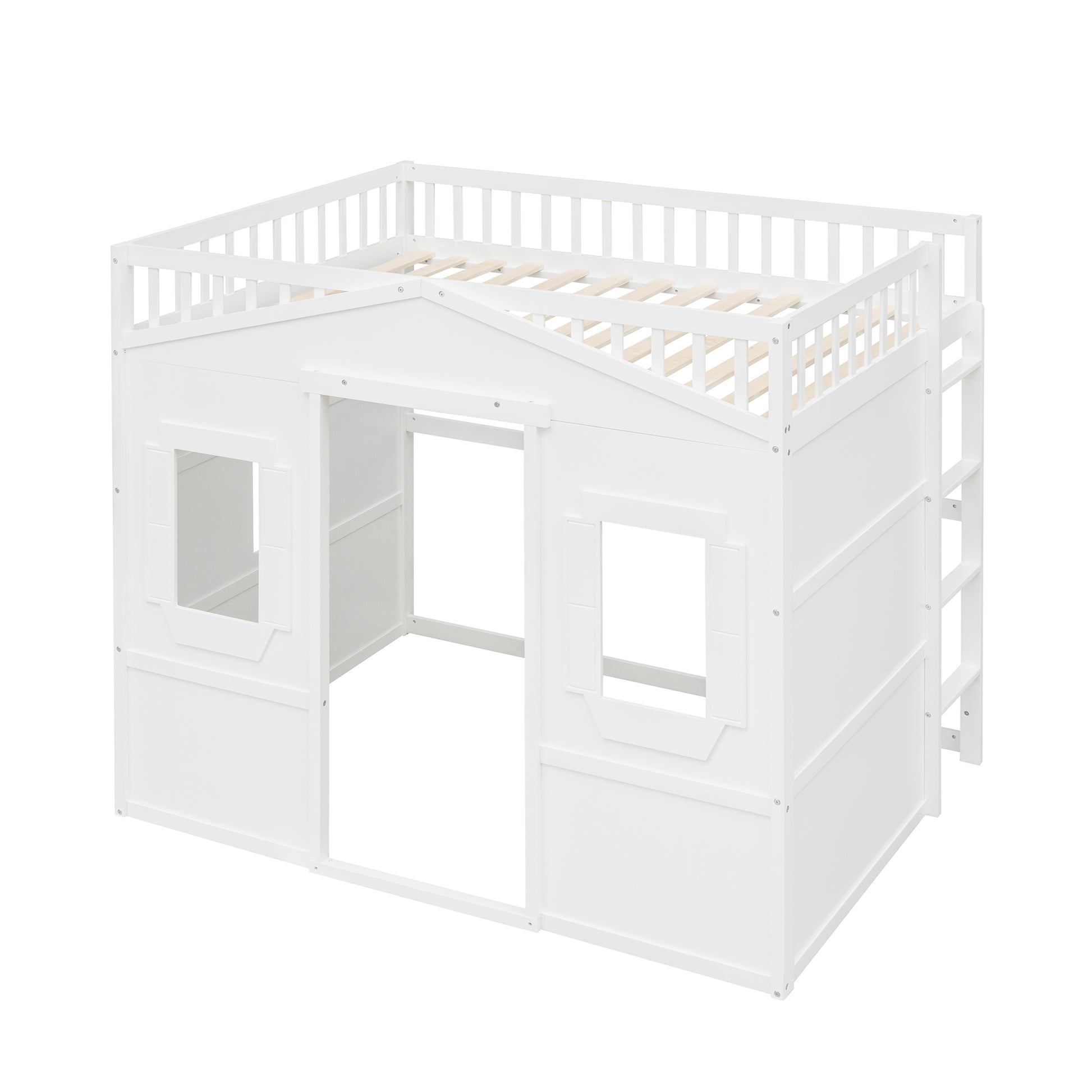White wooden loft bed with playful houselike design and ladder