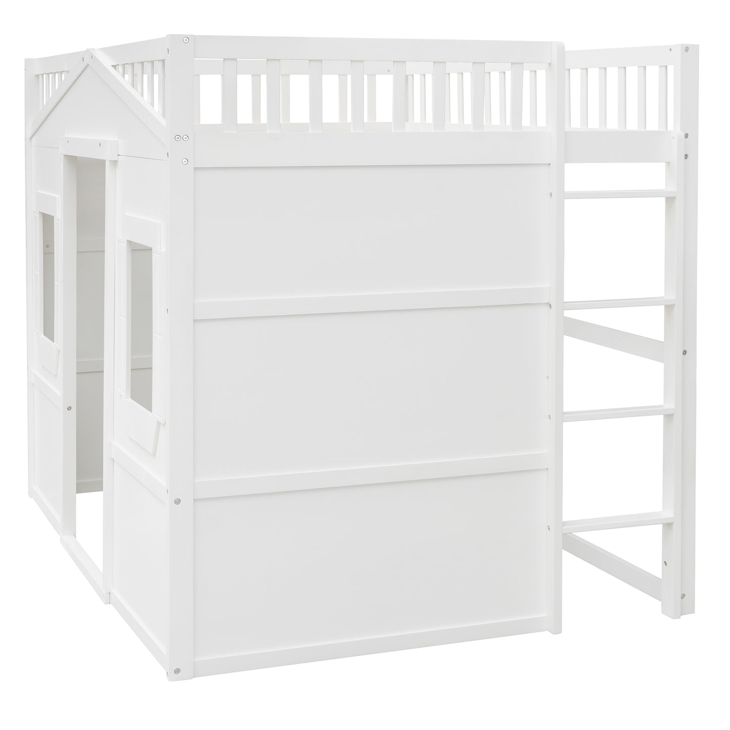 White wooden house loft bed with ladder and windows designed for childrens play and sleep