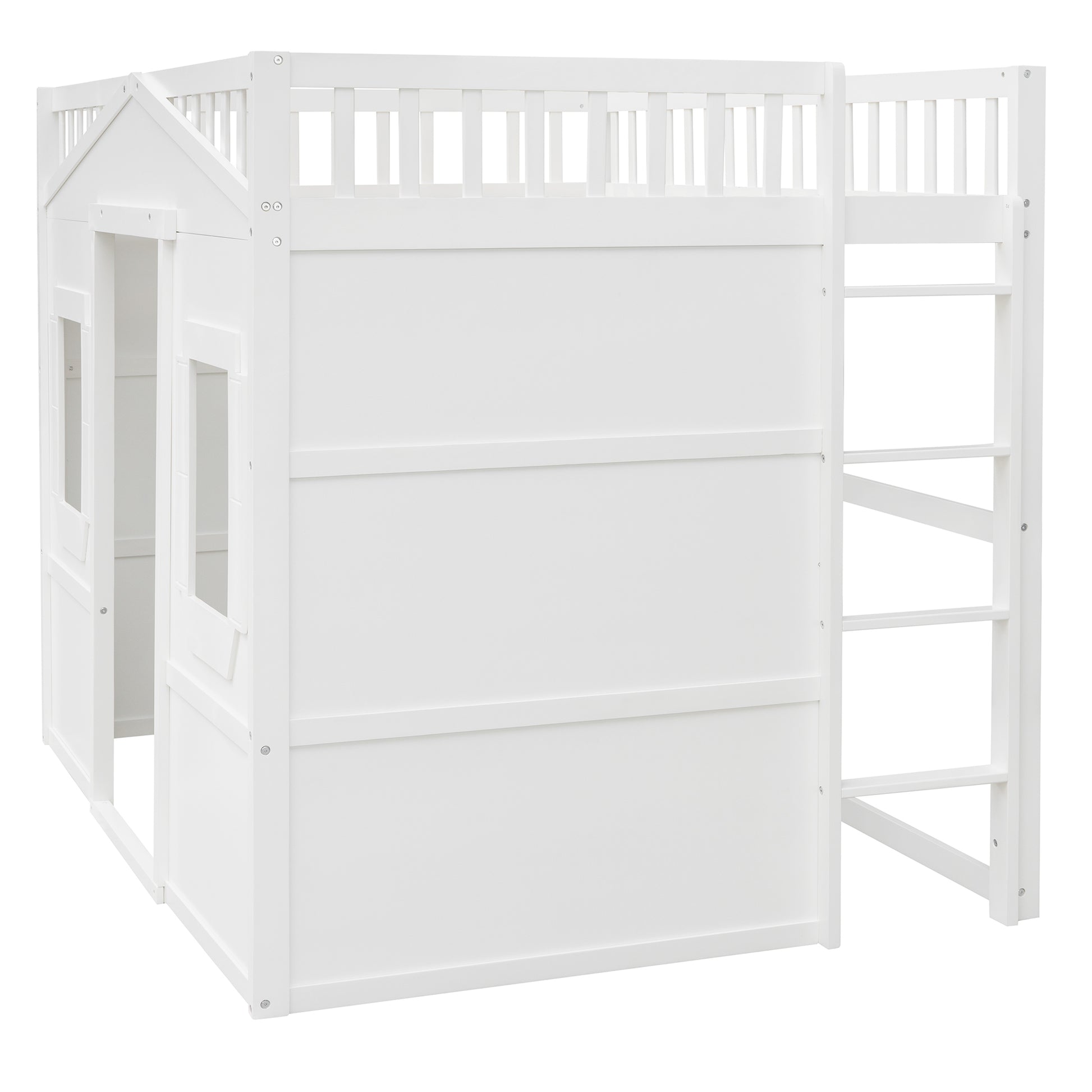 White wooden house loft bed with ladder and windows designed for childrens play and sleep