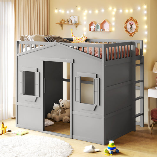 Gray wooden house loft bed with playful design ideal for kids room
