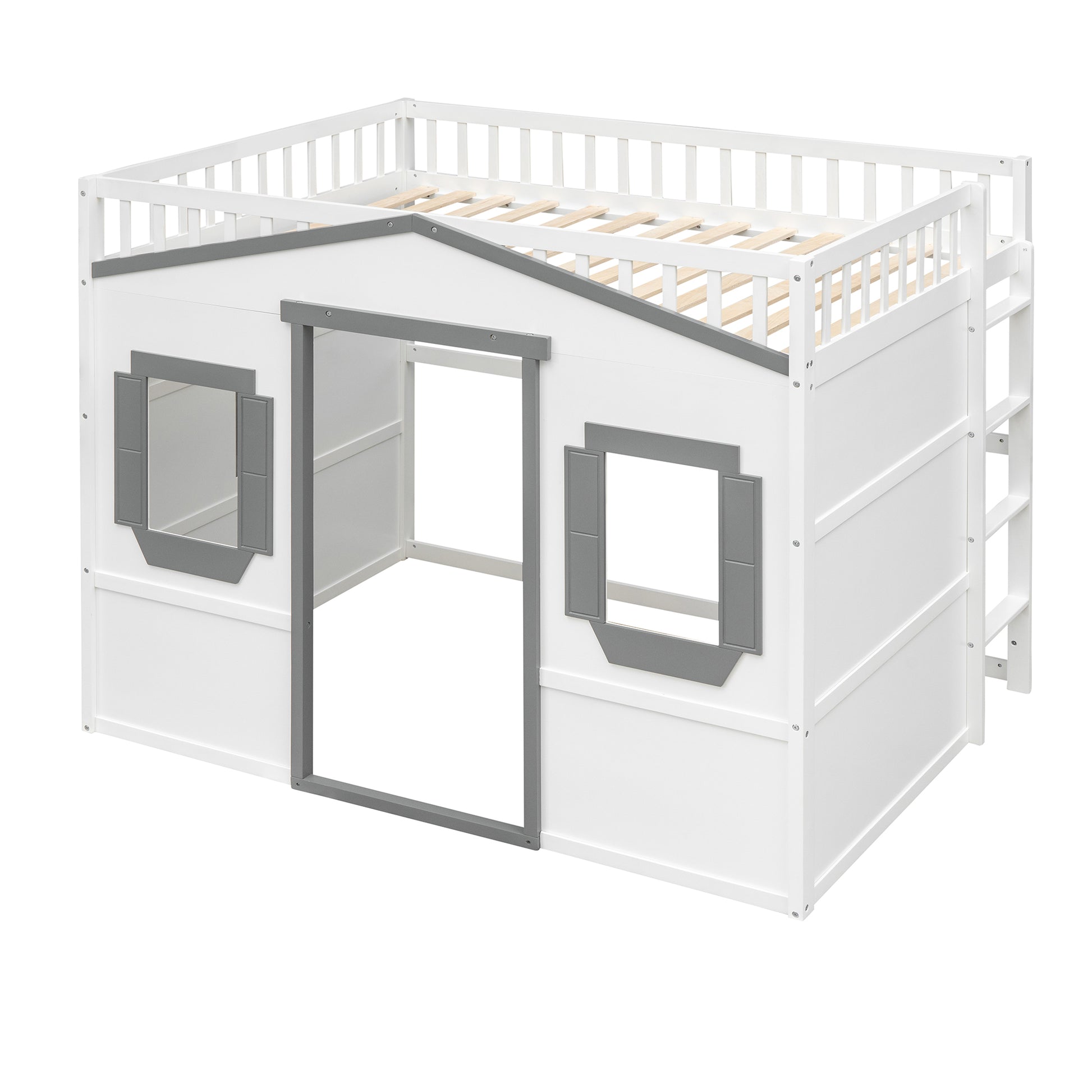 White and gray wooden playhouse loft bed with safety rails and ladder