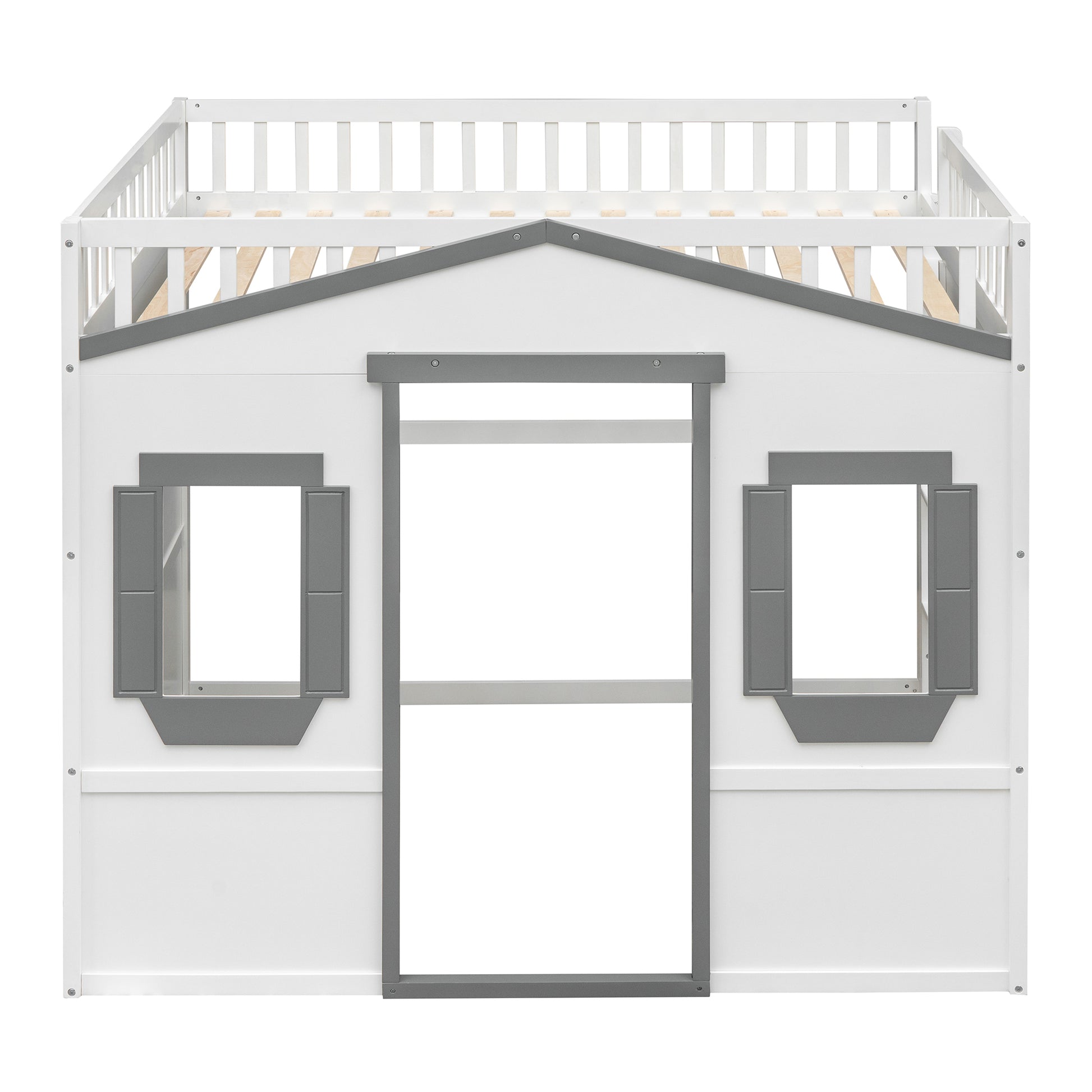 White and gray wooden loft bed with houseshaped facade and playful window details