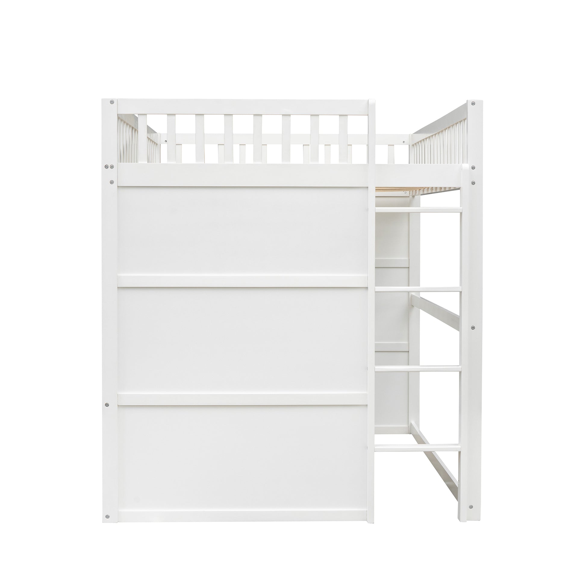 White wooden loft bed with safety rails and integrated ladder