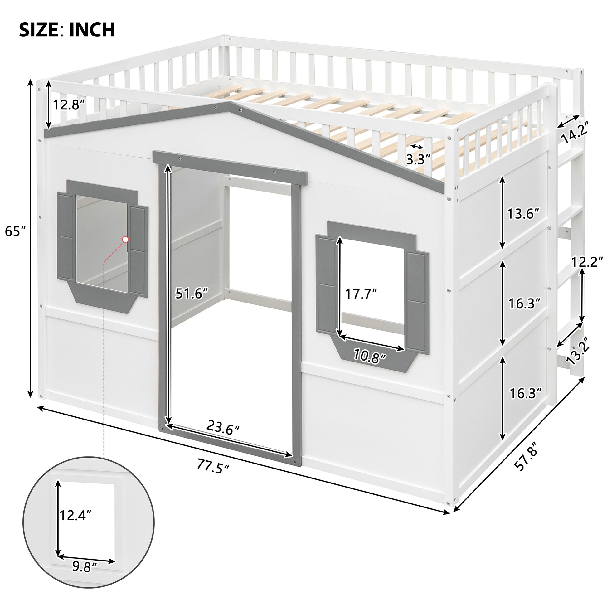 White loft bed with house design featuring grey trim and dimensions