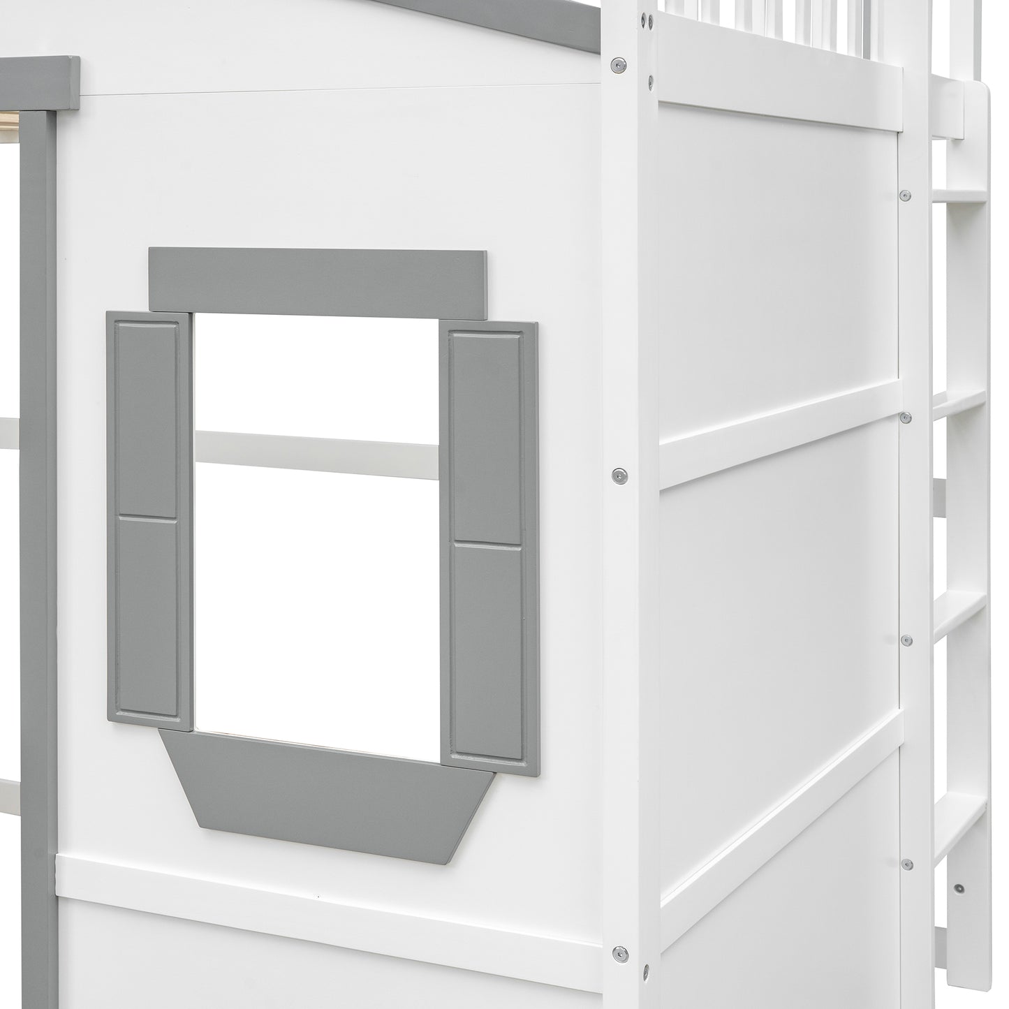 White and gray wooden loft bed with window