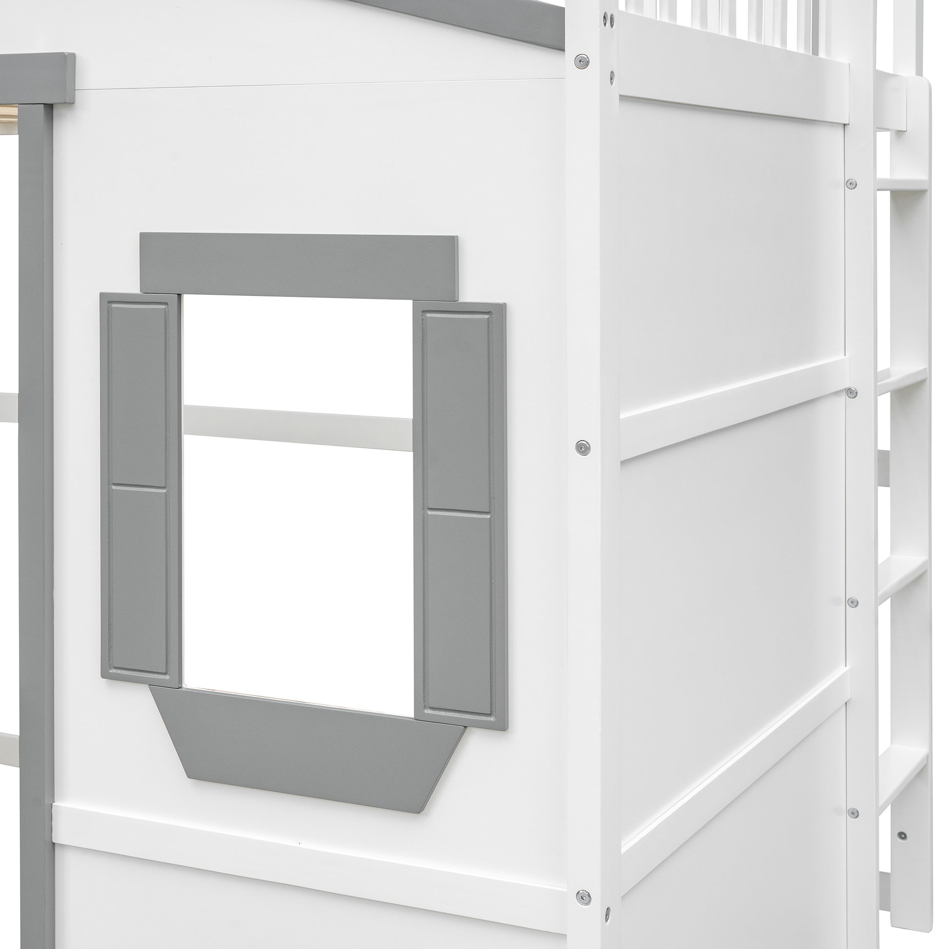 White and gray wooden loft bed with window